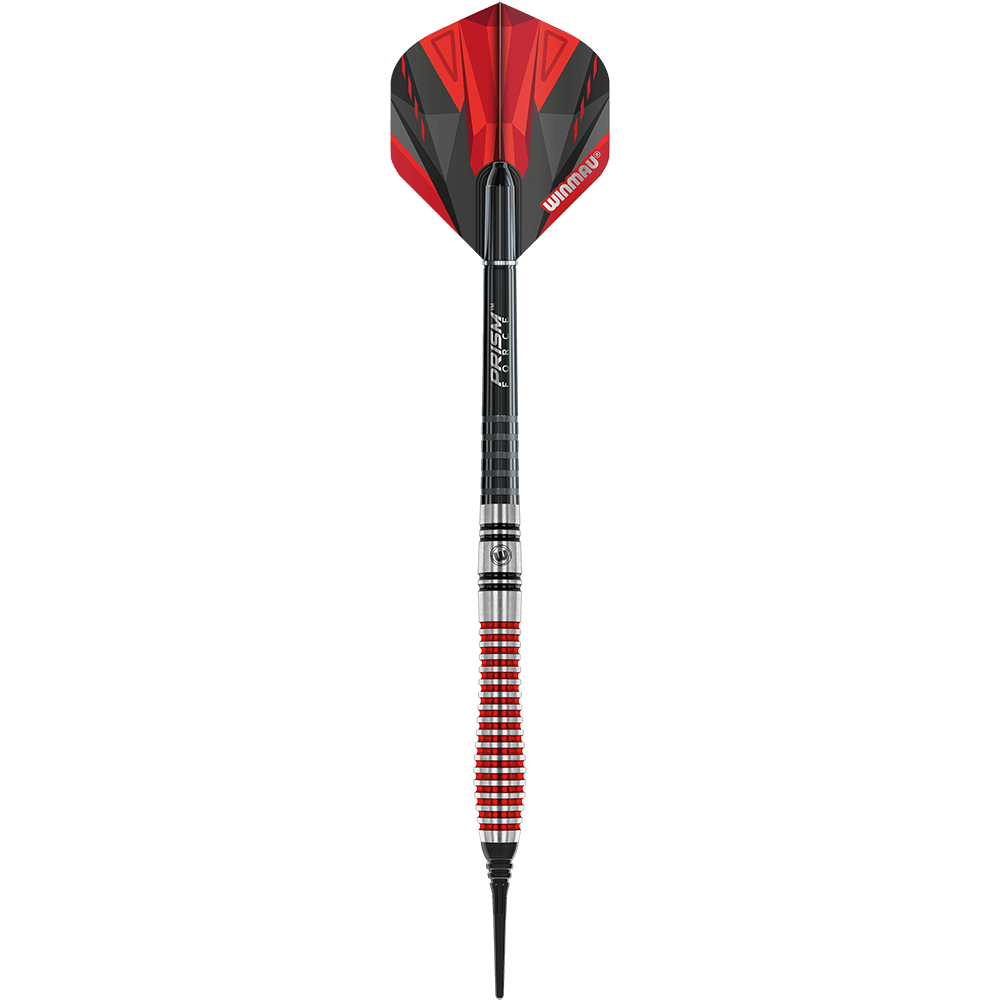 2452_Winmau_Dennis_Priestley_Special_Edition_Softdarts_1m32BpDsm2rHxl Das Bild zeigt den Winmau Dennis Priestley Special Edition Softdart mit einem Gewicht von 22g. Der Dart hat ein auffälliges rotes und schwarzes Design und eine strukturierte Griffzone.