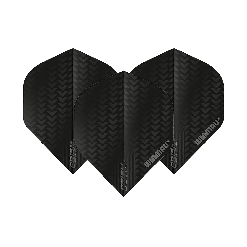 6915-200_Winmau_Prism_Delta_6915-200_Standard_Flights_1 Das Bild zeigt drei schwarze Dartflights des Modells "Winmau Prism Delta 6915.200 Standard". Auf den Flights ist ein Muster sowie das Winmau-Logo zu sehen.