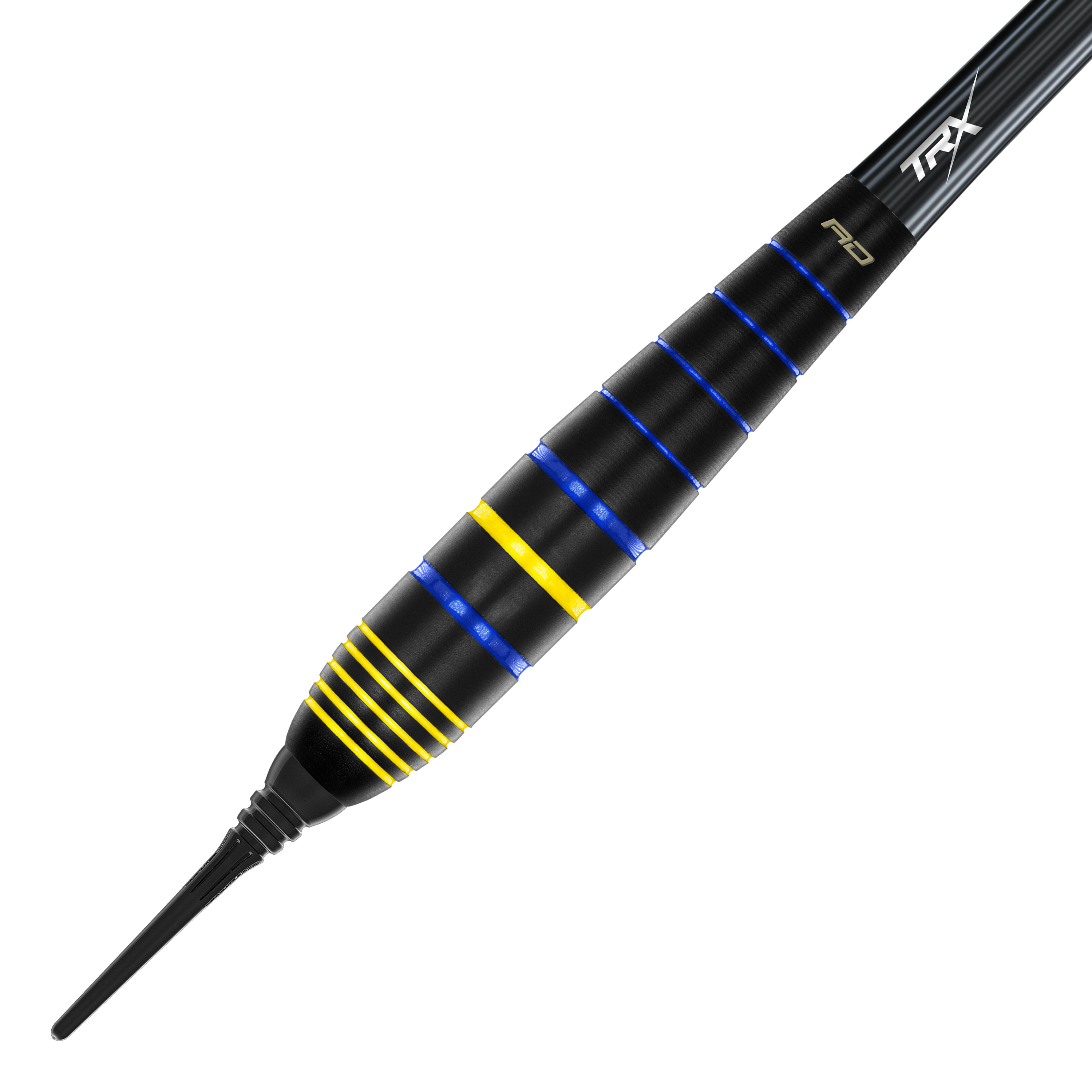 Šipky Red Dragon Luke Humphries World Champion Brass Softdarts - 20g Das Bild zeigt den Red Dragon Luke Humphries World Champion Brass Softdart mit einem Gewicht von 20g. Der Dart ist schwarz mit blauen und gelben Rillen verziert.