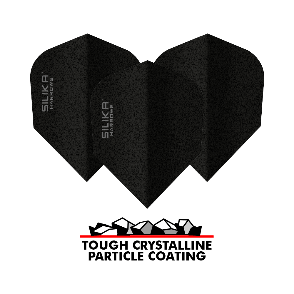 Harrows Silica Solid Houževnatý krystalický povlak Černá No6 Flight Das Bild zeigt drei schwarze Dart-Flights der Marke Harrows Silika mit der Aufschrift "SILIKA HARROWS". Unter den Flights befindet sich ein Logo mit der Aufschrift "TOUGH CRYSTALLINE PARTICLE COATING".