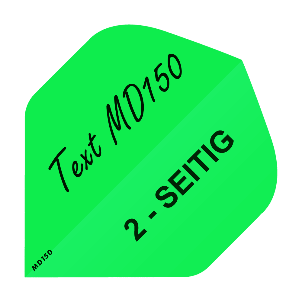 MD-203_2-Seitig_Bedruckte_Flights_Wunschtext_MD150_Neongr-n_Standard_1 Dart-Flights mit auffälligem Design und kräftigen Farben. Die Flights sind übereinander gestapelt.