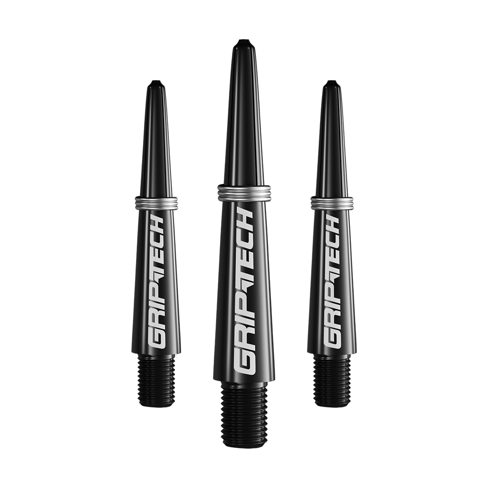Alberi GOAT Griptech - Neri Das Bild zeigt drei schwarze Dartschäfte mit der Aufschrift „GRIPTECH“. Sie sind in einer Reihe angeordnet und haben silberne Ringe am oberen Ende.