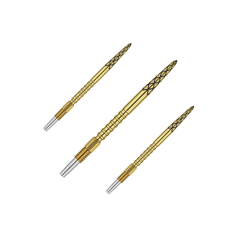 Target Swiss DS Surge Point Dartspitzen - Gold Das Bild zeigt drei goldene Dartspitzen mit silbernen Enden. Die Spitzen haben ein Rautenmuster und sind 30 mm lang.