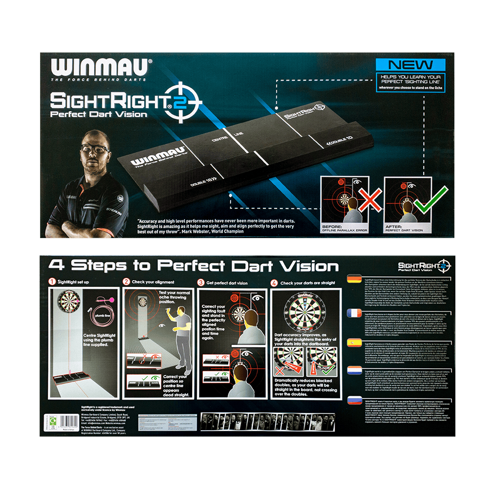 8207_Winmau_SightRight2_3 Das Bild zeigt die Verpackung des Produkts "Winmau SightRight 2" zur Verbesserung der Dart-Genauigkeit. Auf der Rückseite werden vier Schritte zur perfekten Dart-Sicht erklärt.