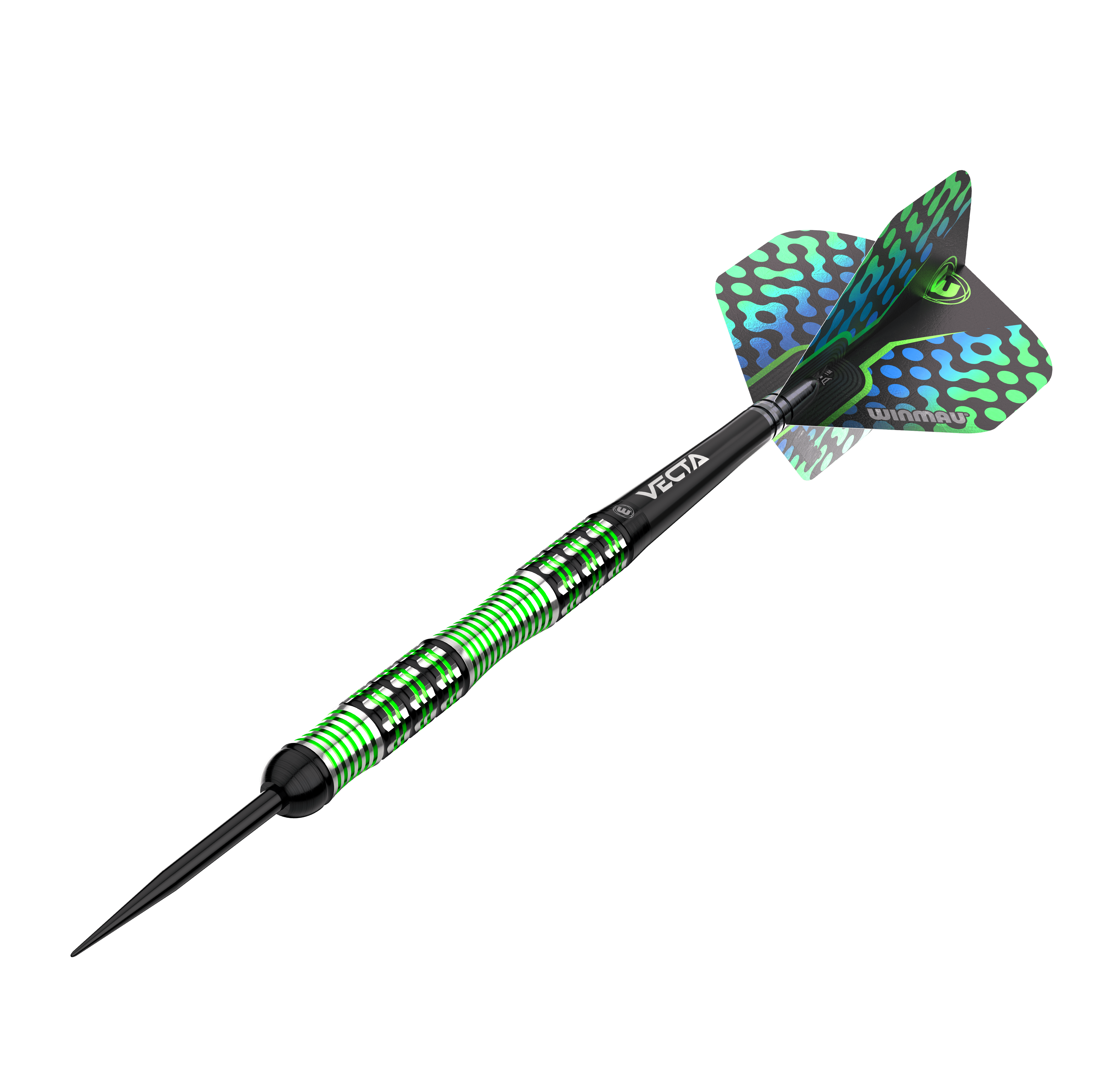 Dardos de acero Winmau Brendan Dolan Das Bild zeigt einen Winmau Brendan Dolan Steeldart. Der Dart hat ein auffälliges Design mit grünen und schwarzen Akzenten.