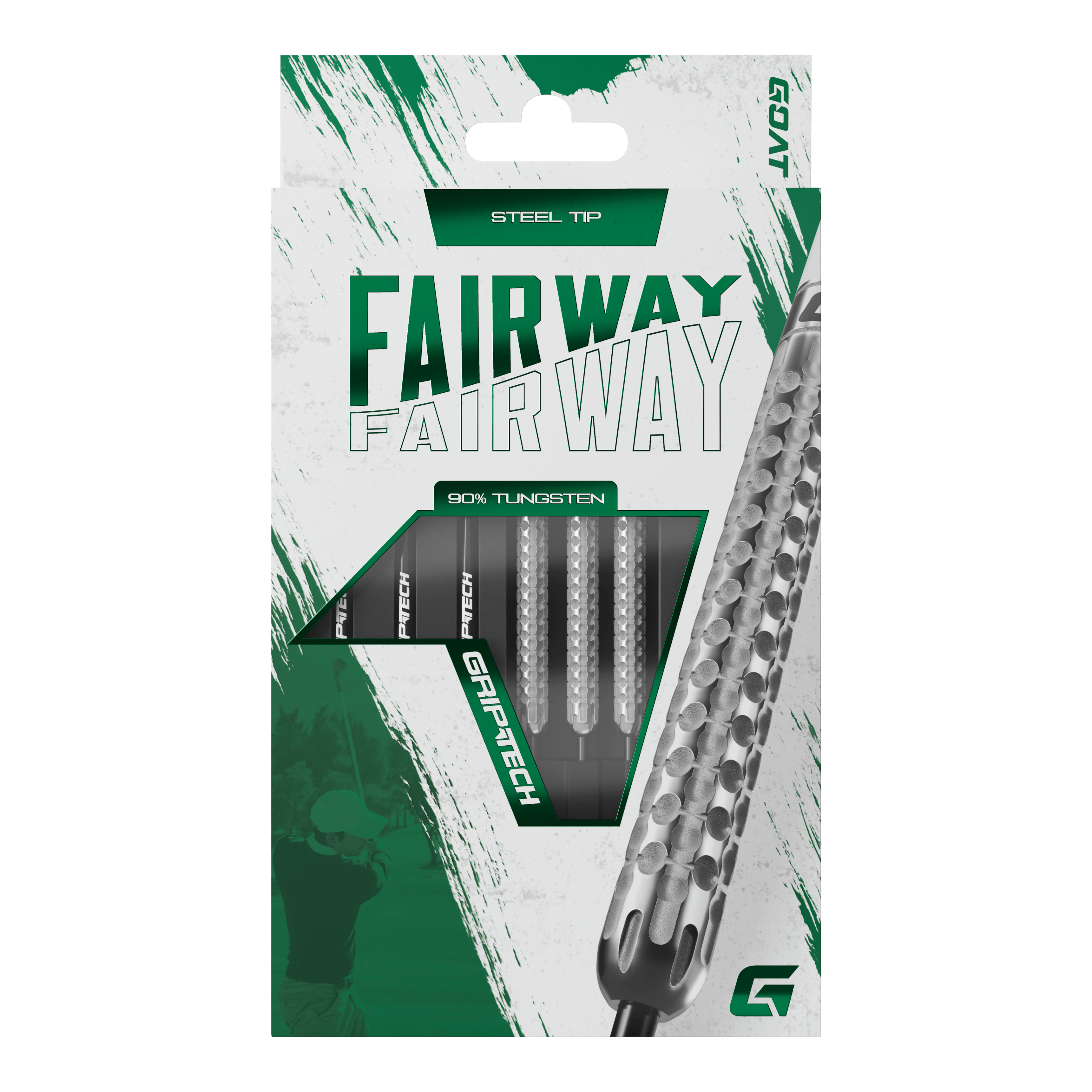 Fléchettes GOAT Fairway V1 en acier tungstène Die Abbildung zeigt eine Verpackung der GOAT Fairway V1 Tungsten Steeldarts. Die Darts haben eine Stahlspitze und bestehen zu 90% aus Tungsten.