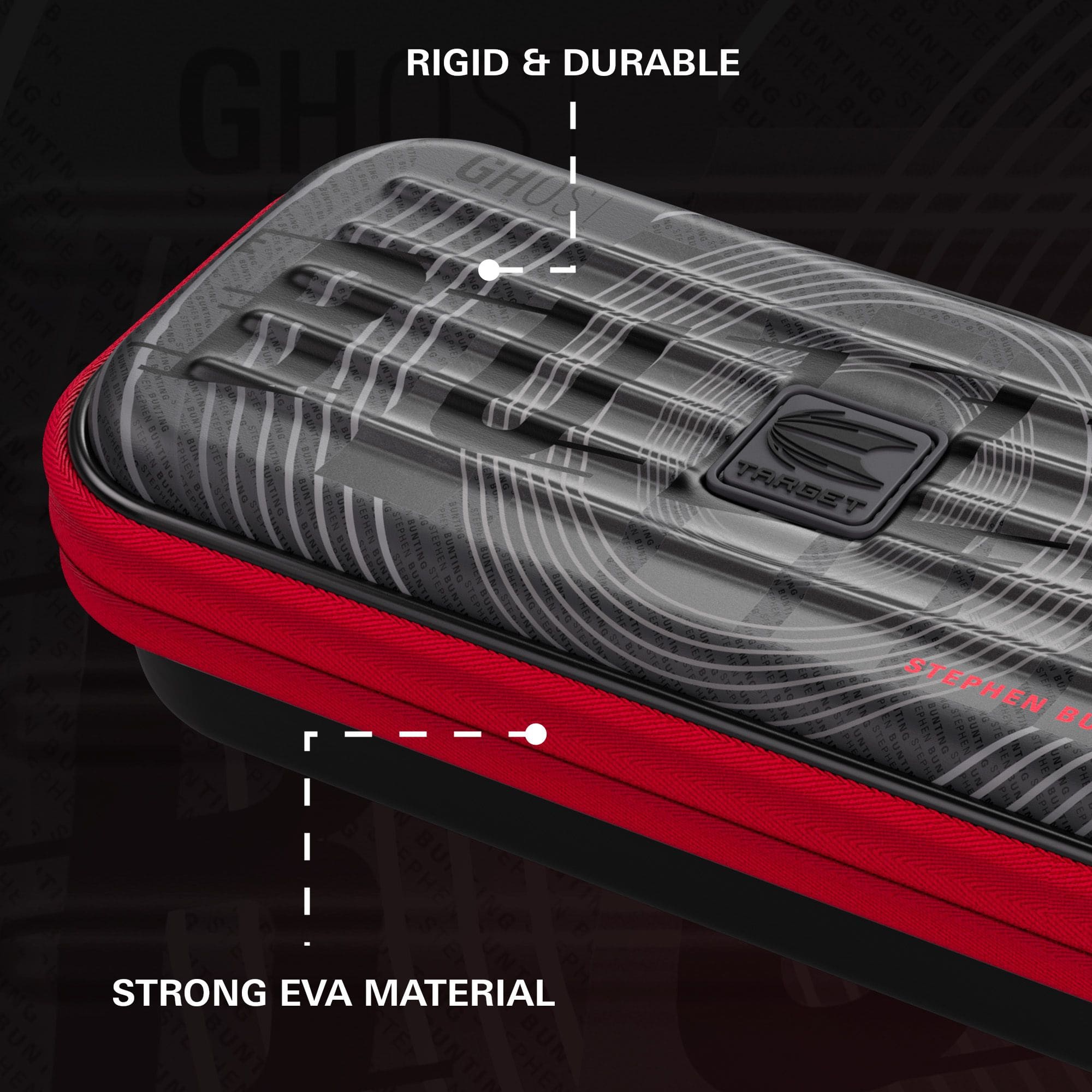 Pouzdro na šipky Takoma Ghost Series Stephen Bunting Auf dem Bild ist das Takoma Ghost Series Stephen Bunting Dartcase zu sehen. Es ist eine Schutztasche für Darts mit dem Design von Stephen Bunting.