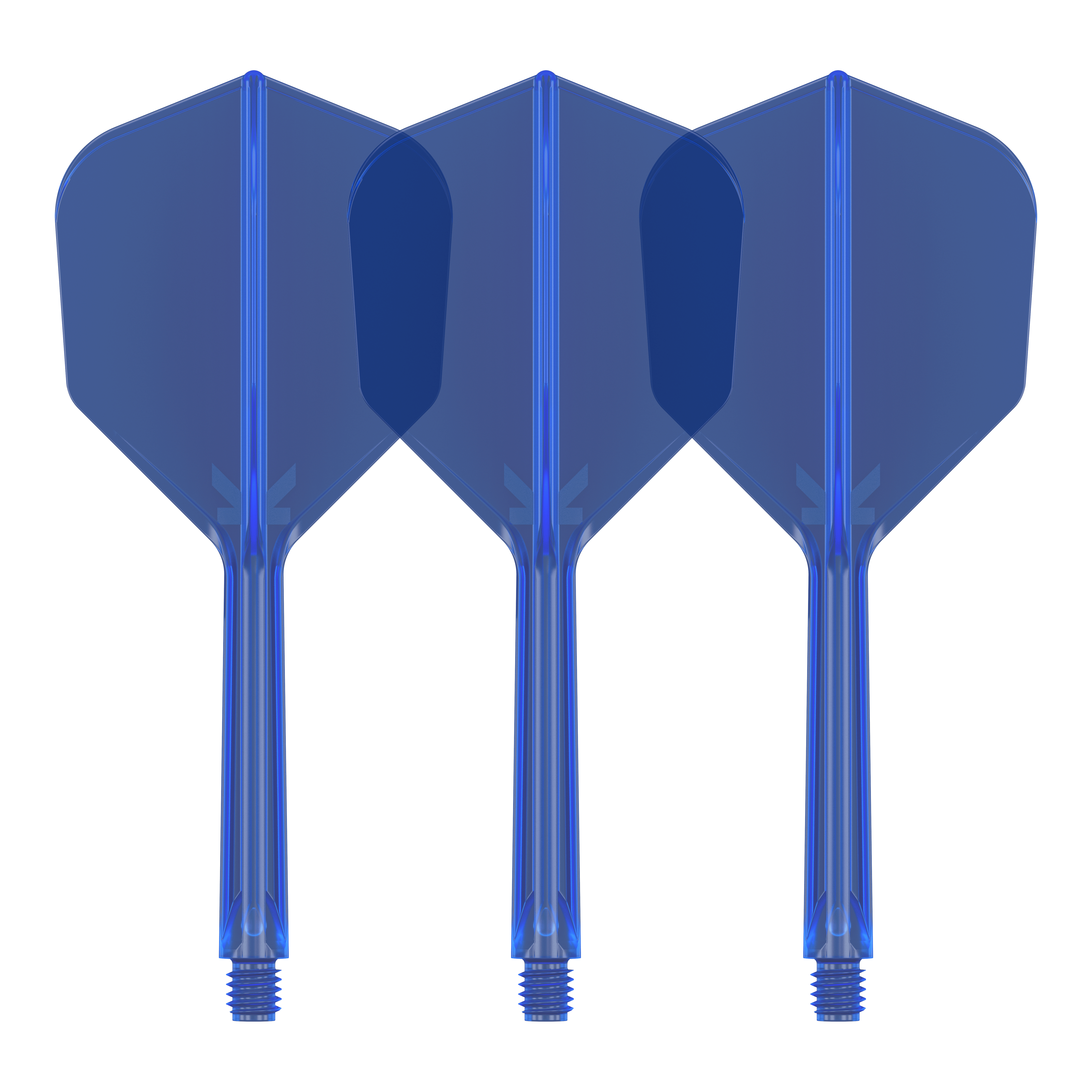 Letový systém Target K-Flex No6 - modrý Das Bild zeigt drei blaue Dart-Flights mit Schäften. Sie stehen nebeneinander und sind identisch gestaltet.