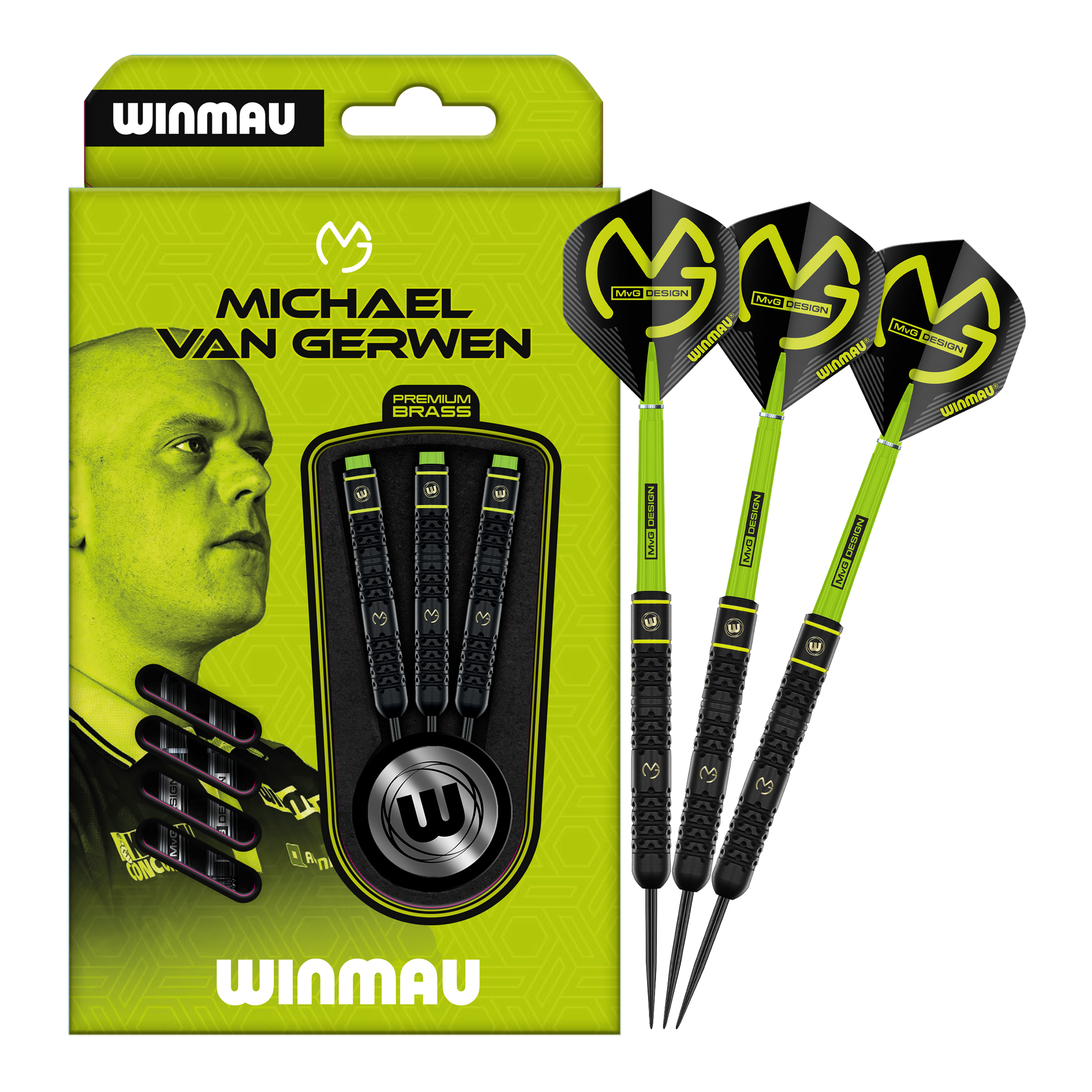 Winmau Michael Van Gerwen stalen darts - 21 g Zu sehen ist das Set Winmau Michael Van Gerwen Steeldarts mit 21 g. Diese Darts sind optimal zum Steeldart-Spielen geeignet.