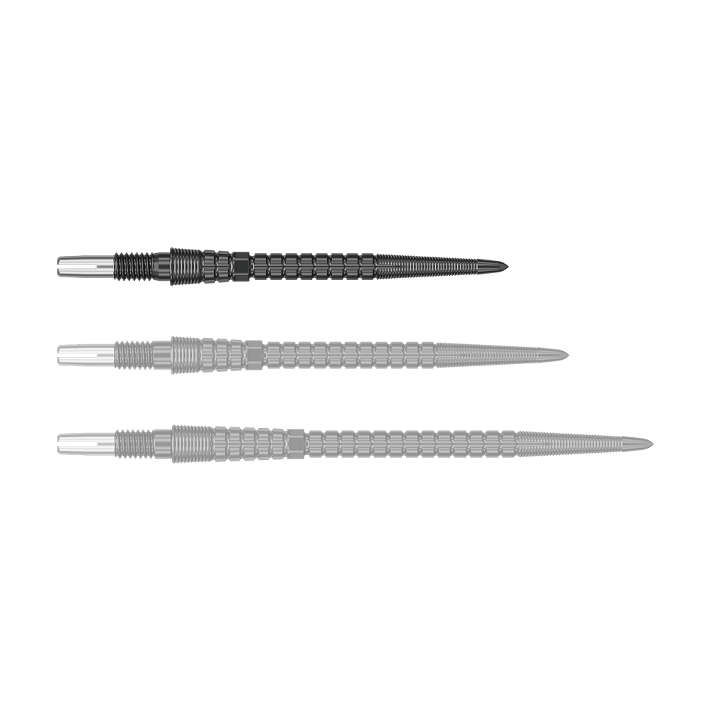 Target Chrono Swiss Storm Point Dart Tips - Black Eine einzelne schwarze Dartspitze ist zu sehen. Sie liegt quer im Bild.