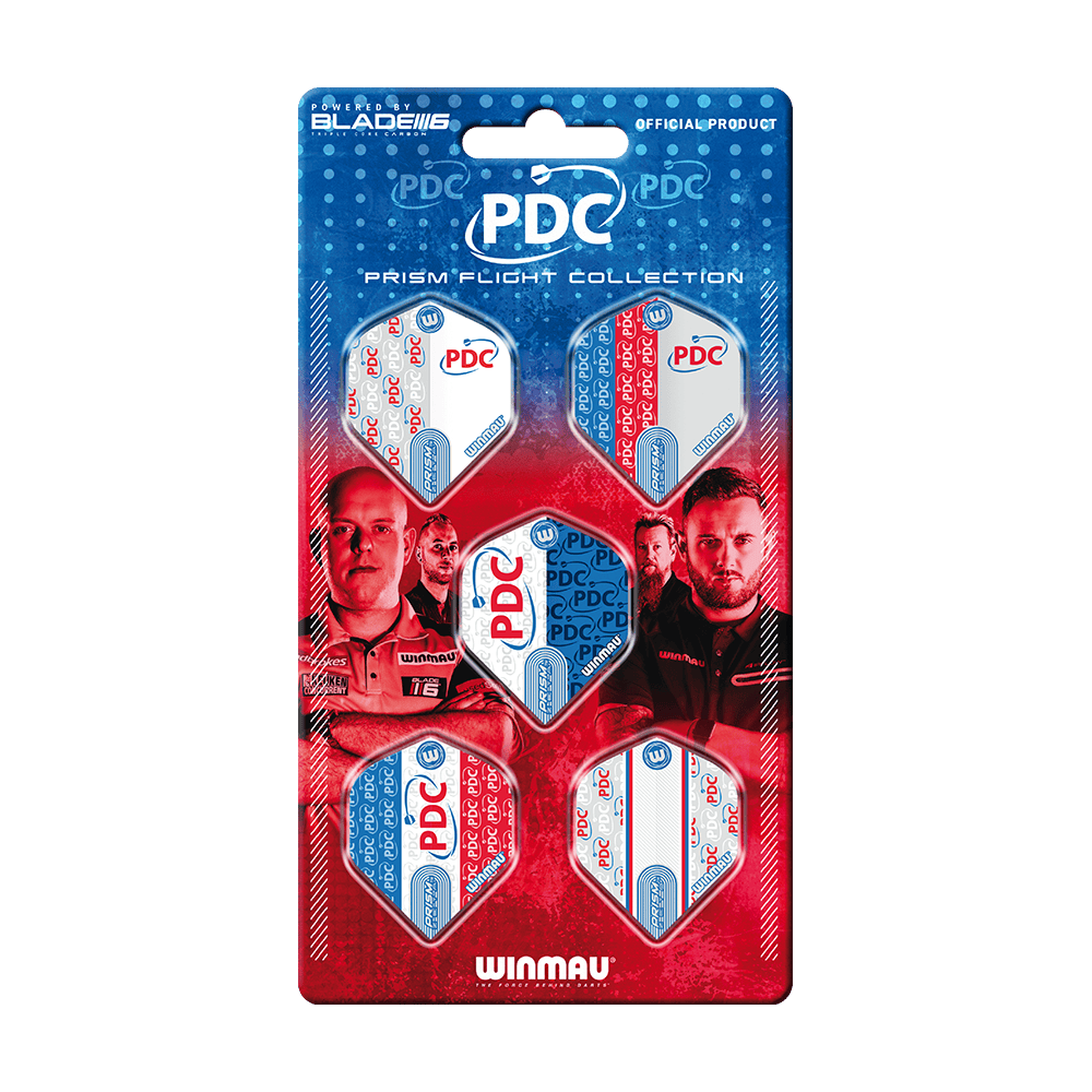 Kolekce Winmau PDC Prism Flight Das Bild zeigt die "Winmau PDC Prism Flight Collection", eine offizielle Sammlung von Dart-Flights. Die Verpackung ist blau-rot gestaltet und zeigt fünf verschiedene Flights sowie Bilder von Dartspielern.