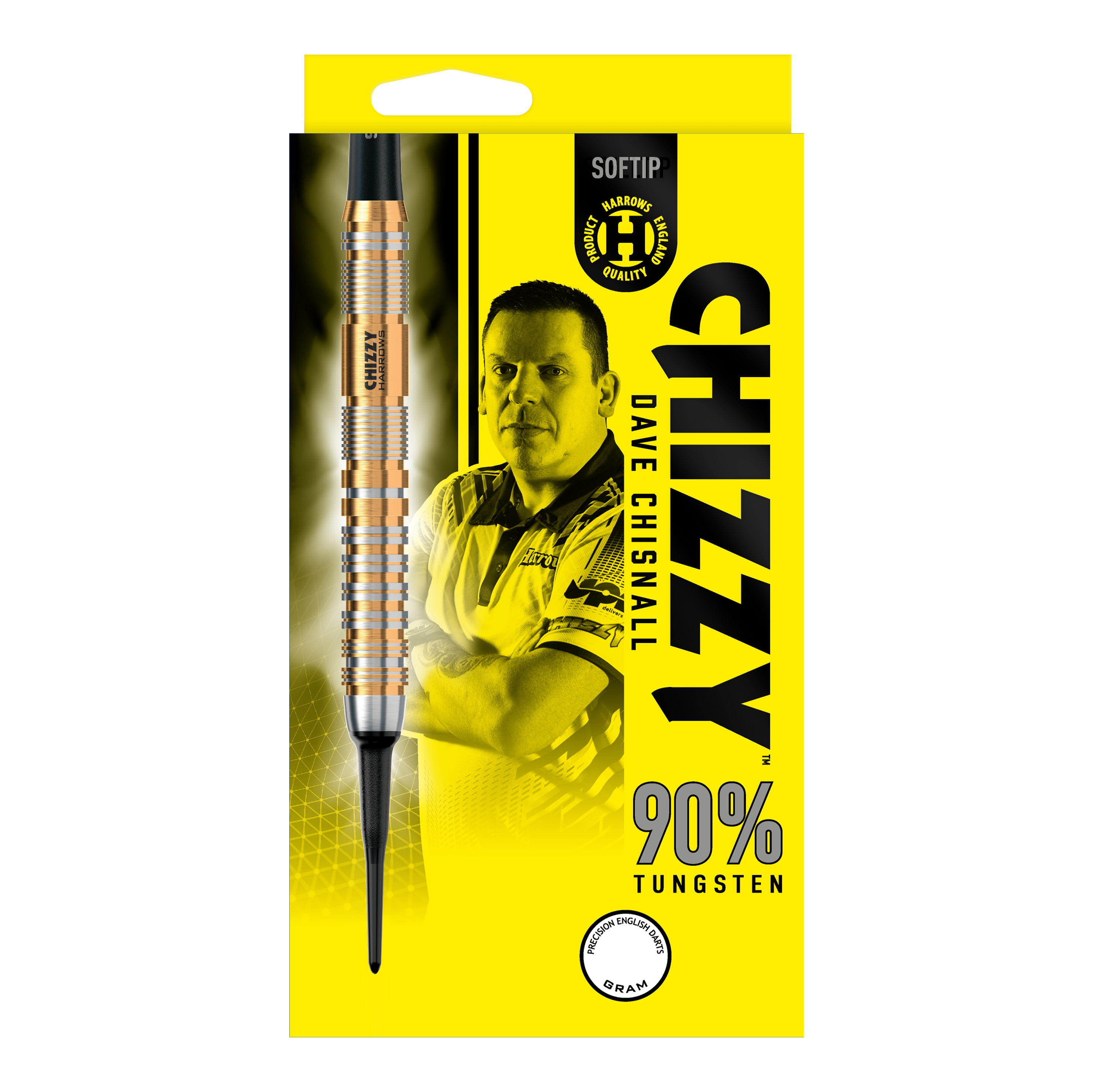 Miękkie rzutki Harrow's Dave Chisnall Chizzy Series 2 Die Verpackung zeigt die "Harrows Dave Chisnall Chizzy Series 2 Softdarts" mit einem Bild von Dave Chisnall. Auf der gelben Schachtel steht, dass die Darts aus 90% Tungsten bestehen.
