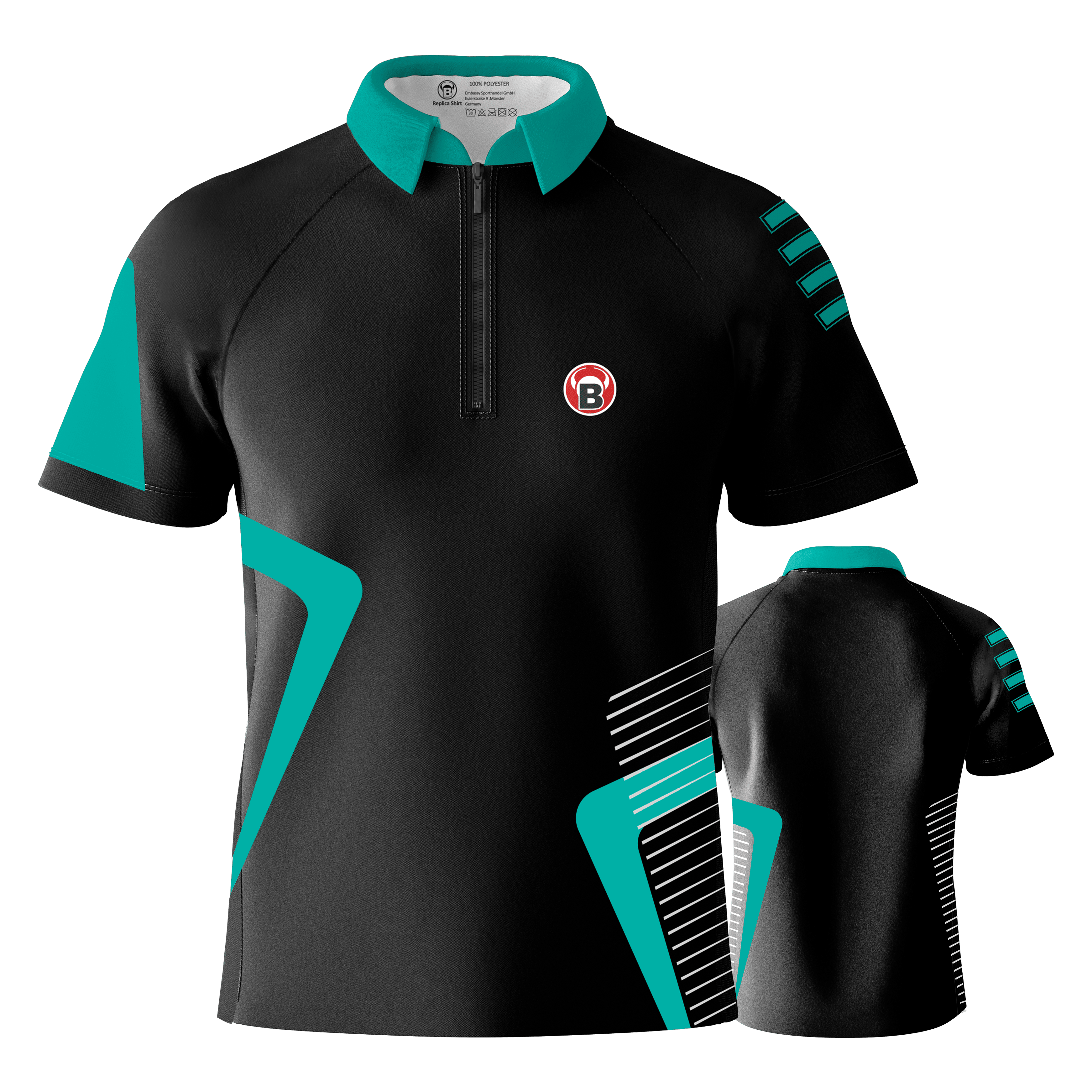Maglietta Bulls Team Dart - Menta Das Bild zeigt das Bulls Team Dartshirt in der Farbe Mint. Das Shirt ist überwiegend schwarz mit mintfarbenen Akzenten und einem kleinen Logo auf der Brust.