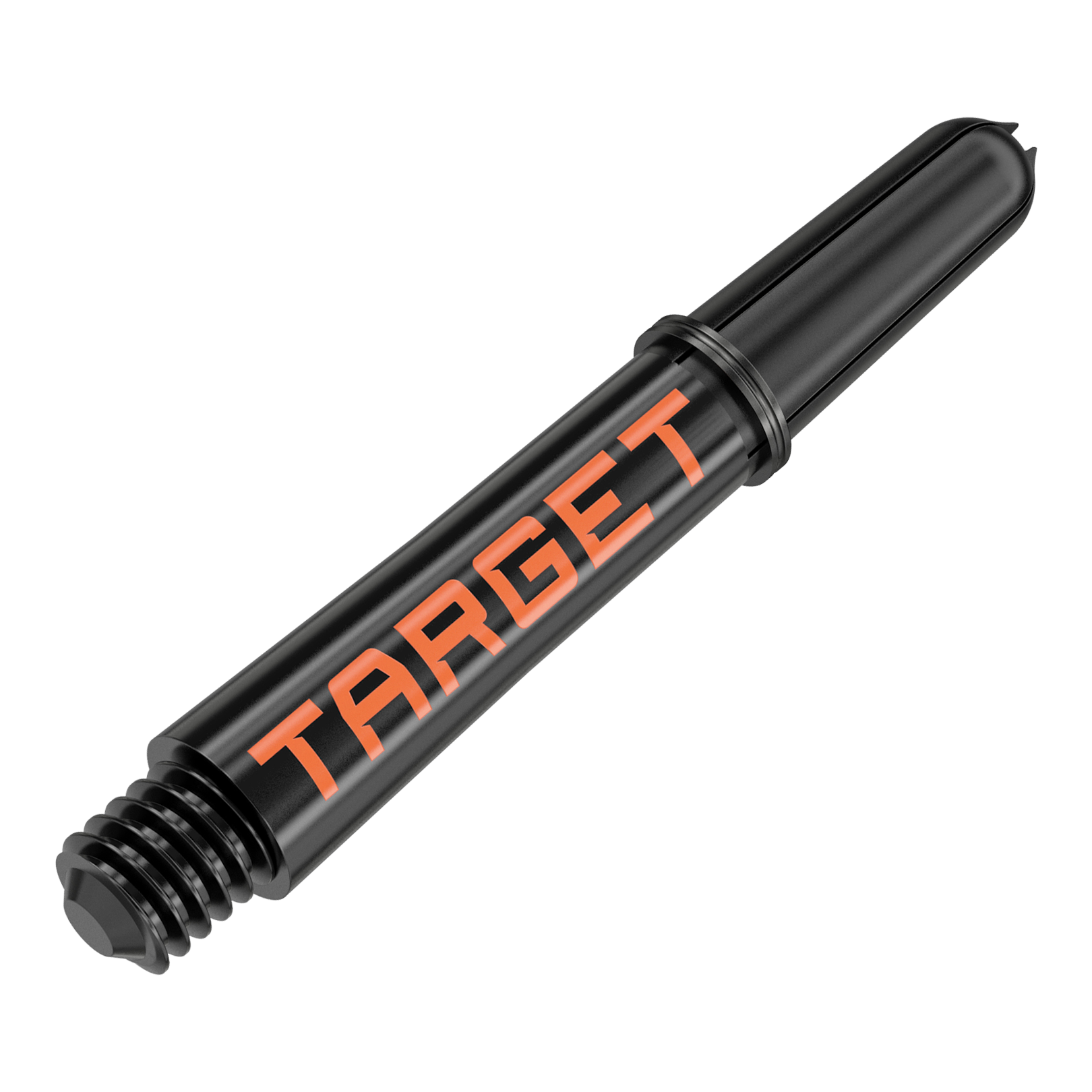 Aste Target Pro Grip TAG - 3 set - Nero Arancione Das Bild zeigt einen schwarzen Dart-Schaft mit orangener Aufschrift "TARGET". Er hat ein Schraubgewinde an einem Ende und ist 34 mm lang.