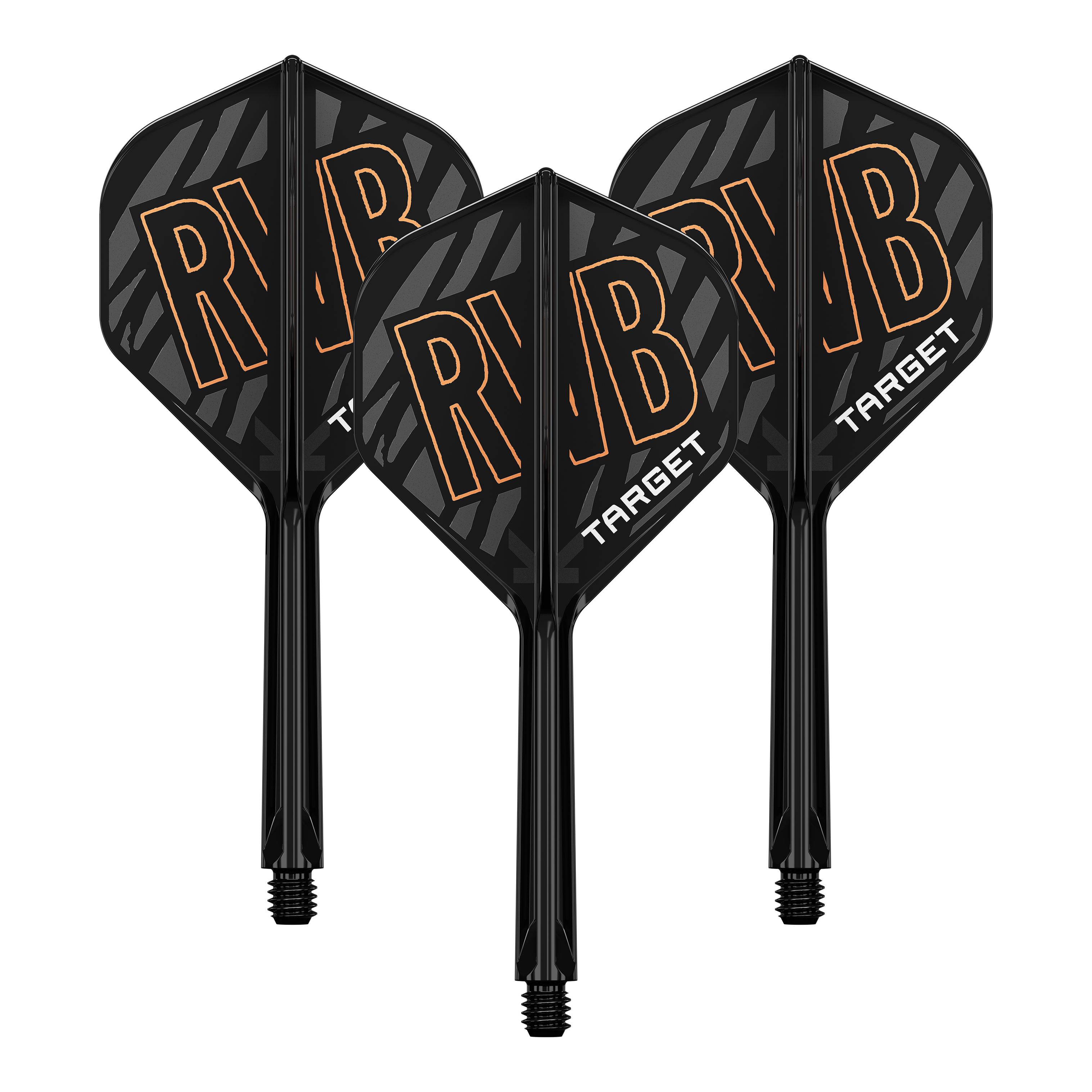 Das Bild zeigt drei schwarze Dartflights mit integrierter Schaftsystem. Auf den Flights steht in großen Buchstaben "RVB" und darunter "TARGET".