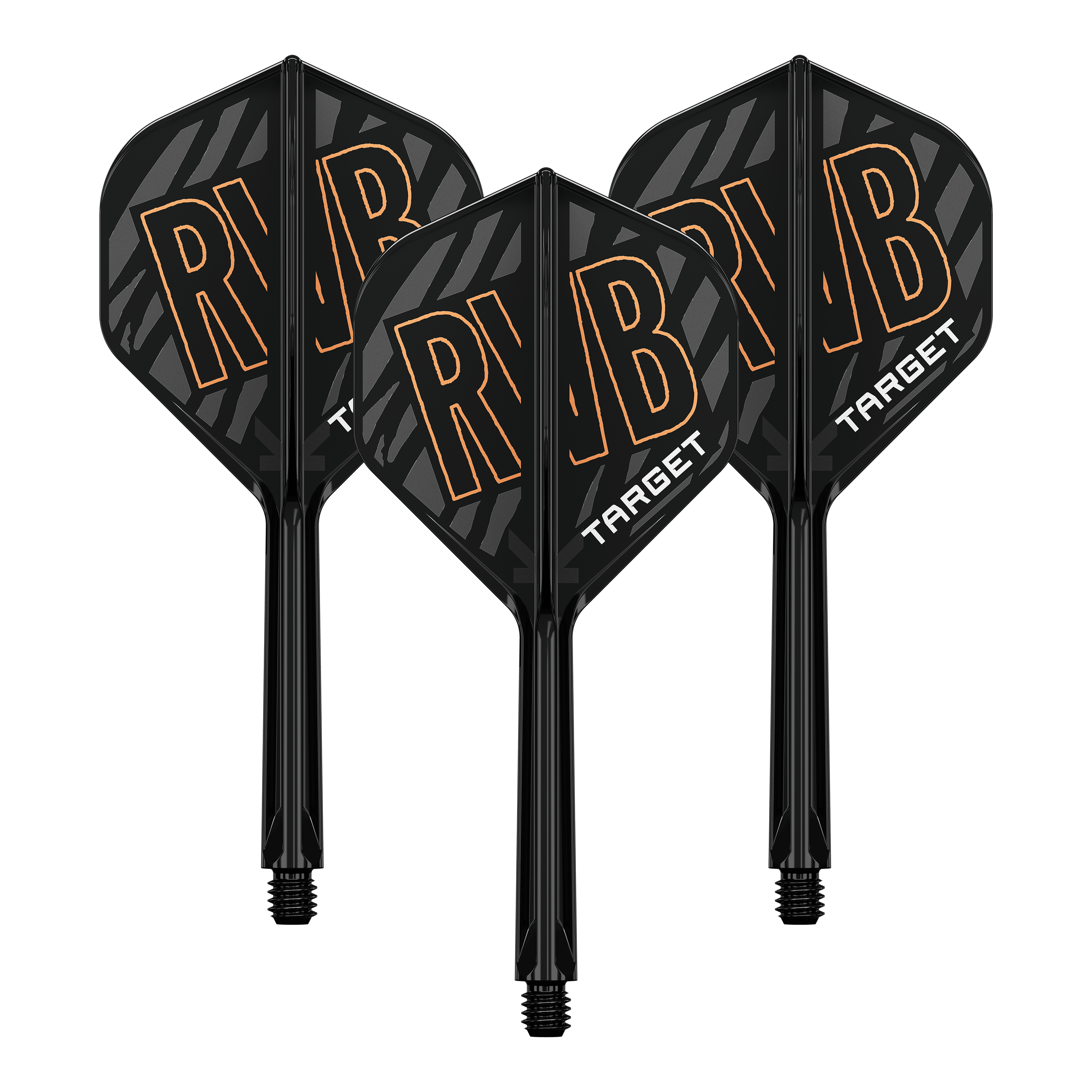 Target K-Flex Raymond Van Barneveld No2 Standardowy system wału napędowego Das Bild zeigt drei schwarze Dartflights mit integrierter Schaftsystem. Auf den Flights steht in großen Buchstaben "RVB" und darunter "TARGET".