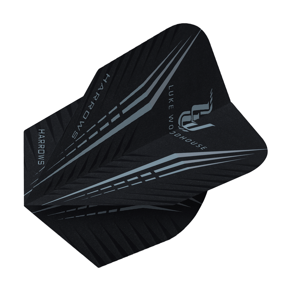 HR24_Harrows_Prime_Luke_Woodhouse_Standard_Flights_2 Das Bild zeigt ein schwarzes Dart-Flight mit silbernen Linien und dem Namen "Luke Woodhouse". Auf dem Flight steht außerdem die Marke "Harrows".