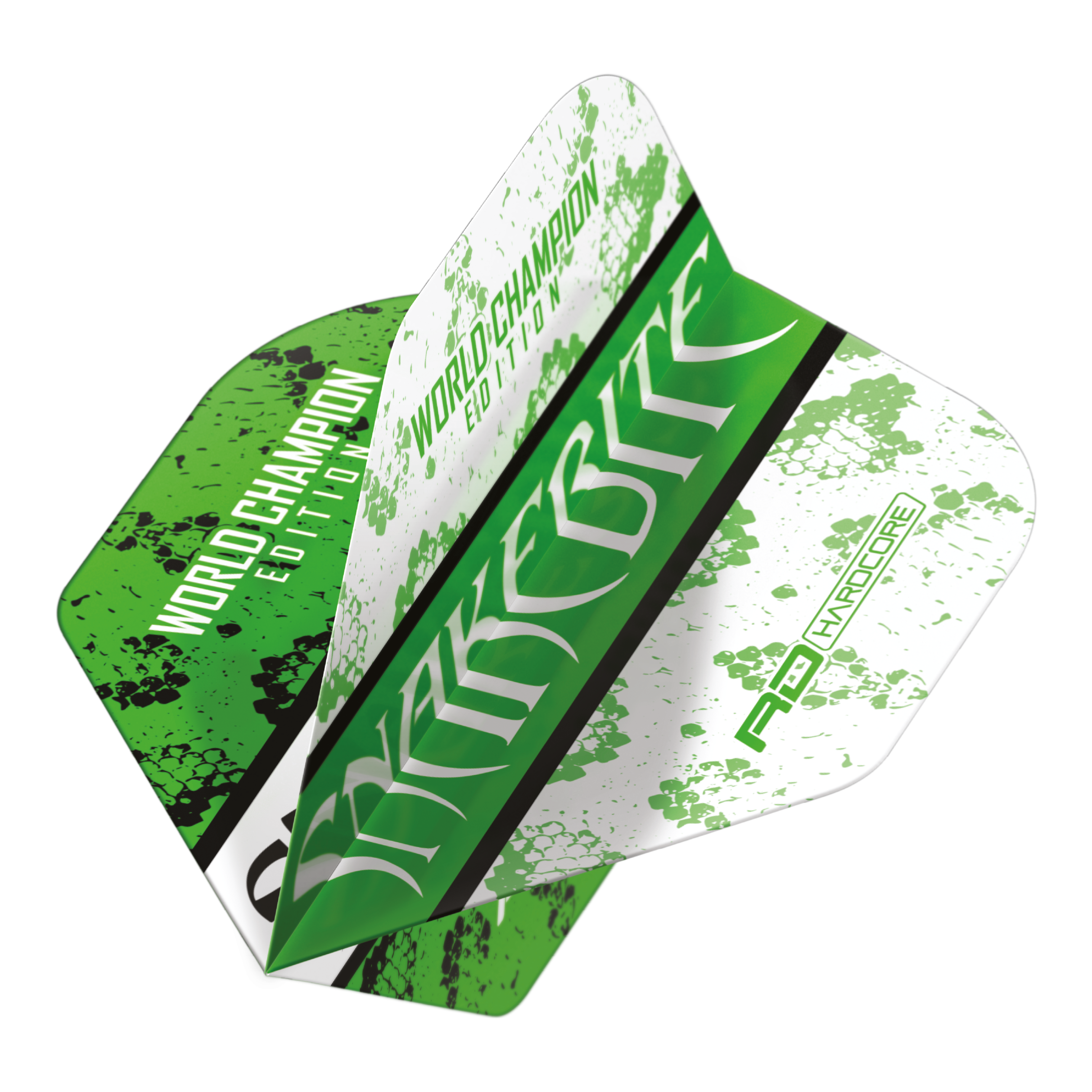 Červený drak Peter Wright Uštknutí hadem Zelená Bílá Jin Jang Standardní lety Das Bild zeigt ein Dart-Flight mit grün-weißem Design und dem Aufdruck "Snakebite" sowie "World Champion Edition". Es handelt sich um das Modell "Red Dragon Peter Wright Snakebite Green White Yin Yang Standard Flights".