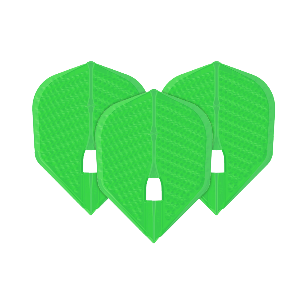 L-Style Flights Dimple Champagne L3PRO Shape Das Bild zeigt drei grüne Dartflights in einer speziellen Form mit Dimple-Struktur. Es handelt sich um das Produkt "L-Style Flights Dimple Champagne L3PRO Shape".