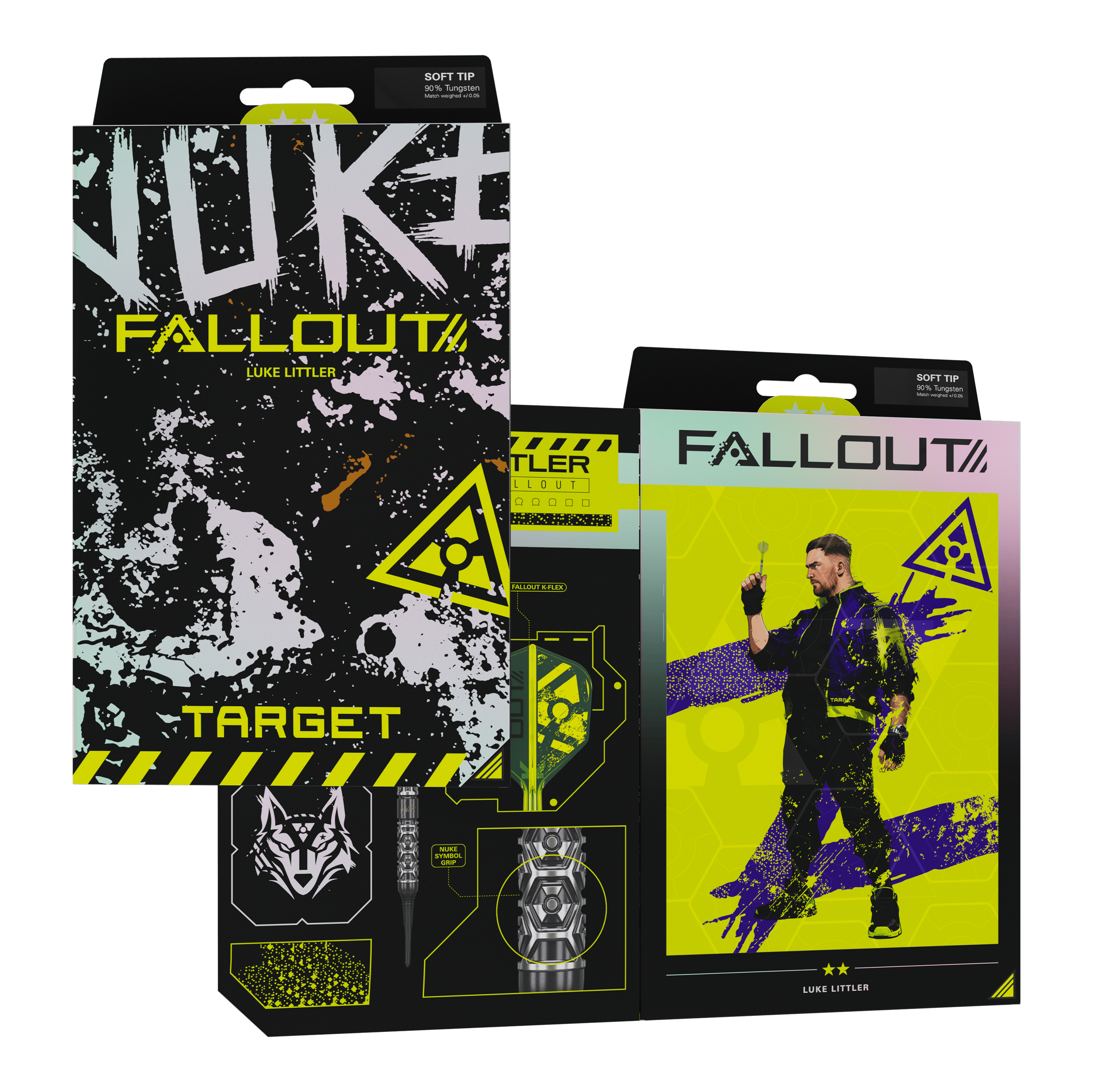 Target Luke Littler Nuke Fallout Softdarts - 19g Das Foto zeigt die Target Luke Littler Nuke Fallout Softdarts - 19g. Das Produkt eignet sich für den Softdartbereich.