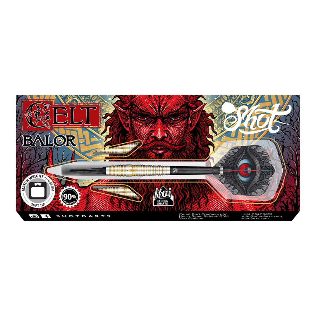 Dardos suaves Shot Celt Balor Die Abbildung zeigt die „Shot Celt Balor Softdarts“ in ihrer Verpackung. Auf der Verpackung ist ein auffälliges, rotes Fantasy-Gesicht im Hintergrund zu sehen.