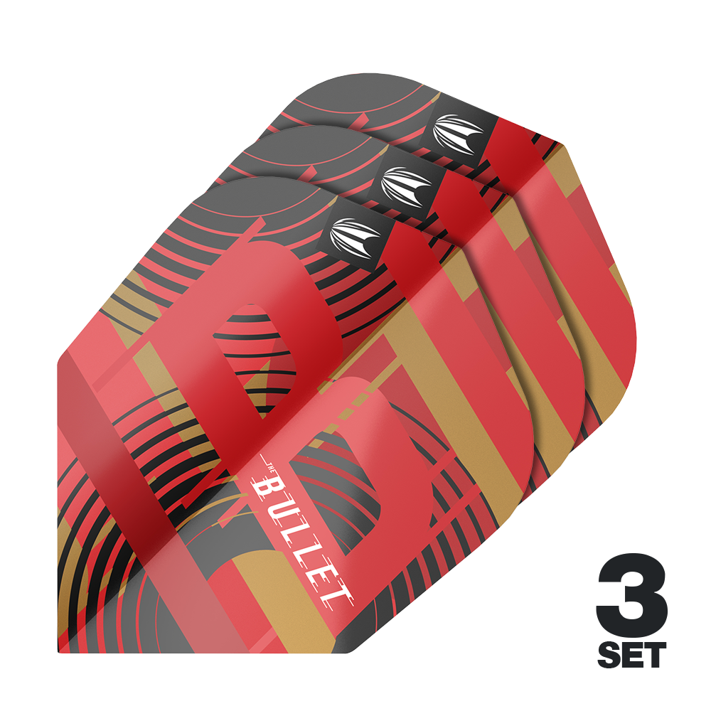 Ailettes Target Pro Ultra Stephen Bunting GEN5 No6 - 3 jeux Das Bild zeigt drei Sätze der Target Pro Ultra Stephen Bunting GEN5 No6 Flights. Die Flights sind rot, schwarz und gold gefärbt und tragen das Wort "BULLET".