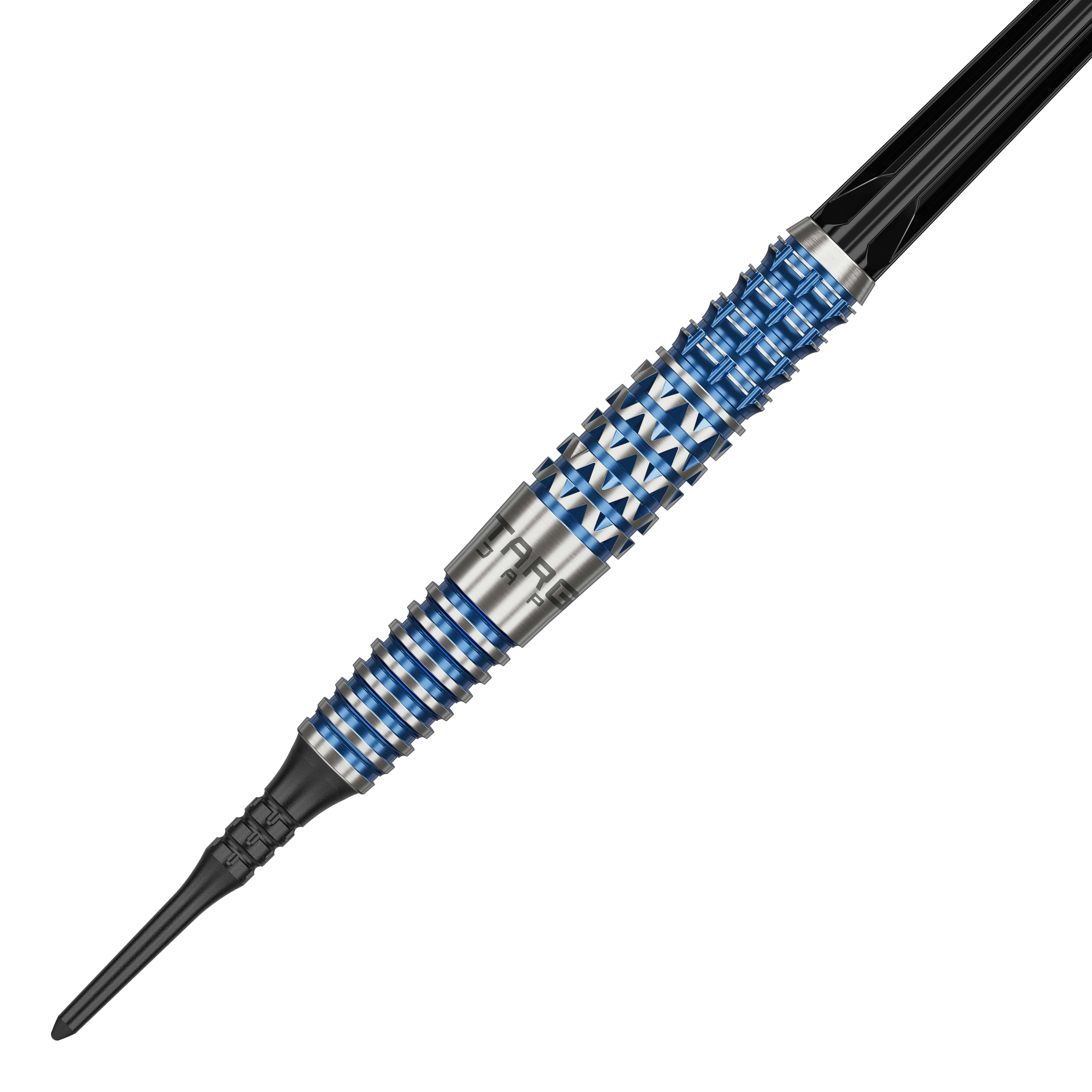 Fléchettes souples Target Japan Toru Suzuki Sereno GEN2 - 20 g Dies ist ein Softdart namens "Target Japan Toru Suzuki Sereno GEN2 Softdarts - 20g". Der Dartpfeil hat ein silbernes und blaues Rillendesign mit schwarzen Elementen.