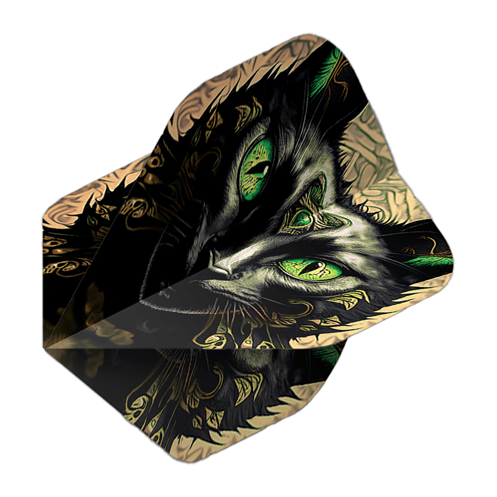 Lety v pětiboji Cat Das Bild zeigt das Produkt 'Pentathlon Katze No2 Standard Flights'. Auf dem Flight ist ein kunstvoll gezeichneter Katzenkopf mit leuchtend grünen Augen abgebildet.