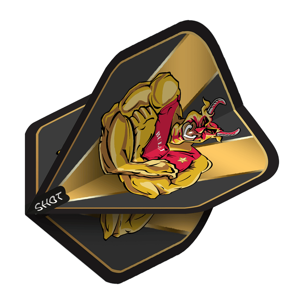 Zastřelil Michaela Smitha Bully Boye Zlatý standard letů Das Bild zeigt die 'Shot Michael Smith Bully Boy Gold Standard Flights' mit einem goldenen, muskulösen Stier als Motiv. Die Flights sind schwarz-gold gehalten und haben eine auffällige, kräftige Grafik.