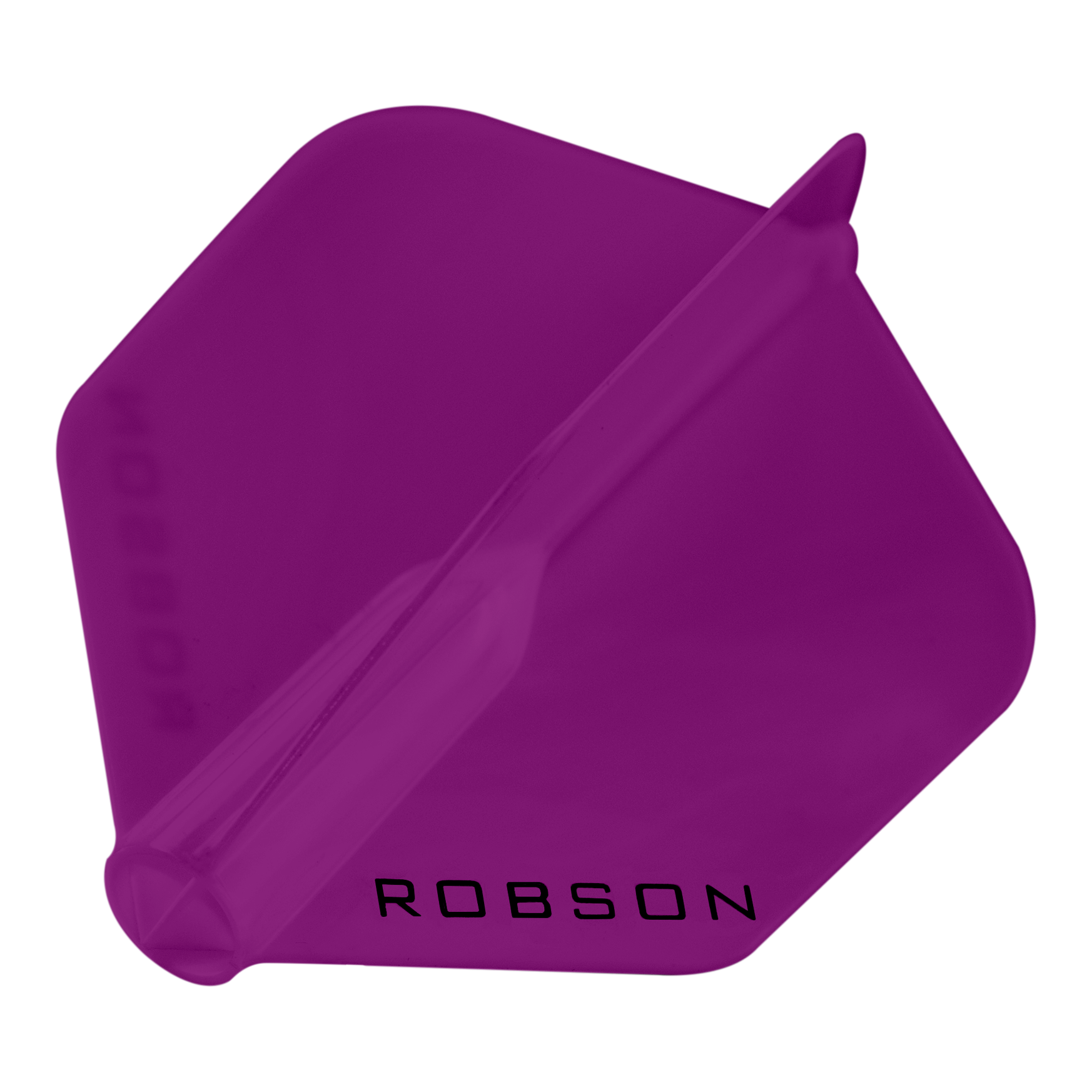 Robson Plus Flights - Standard Das Bild zeigt ein violettes Dartflight mit sechseckiger Form. Auf dem Flight steht das Wort "ROBSON" in schwarzen Buchstaben.