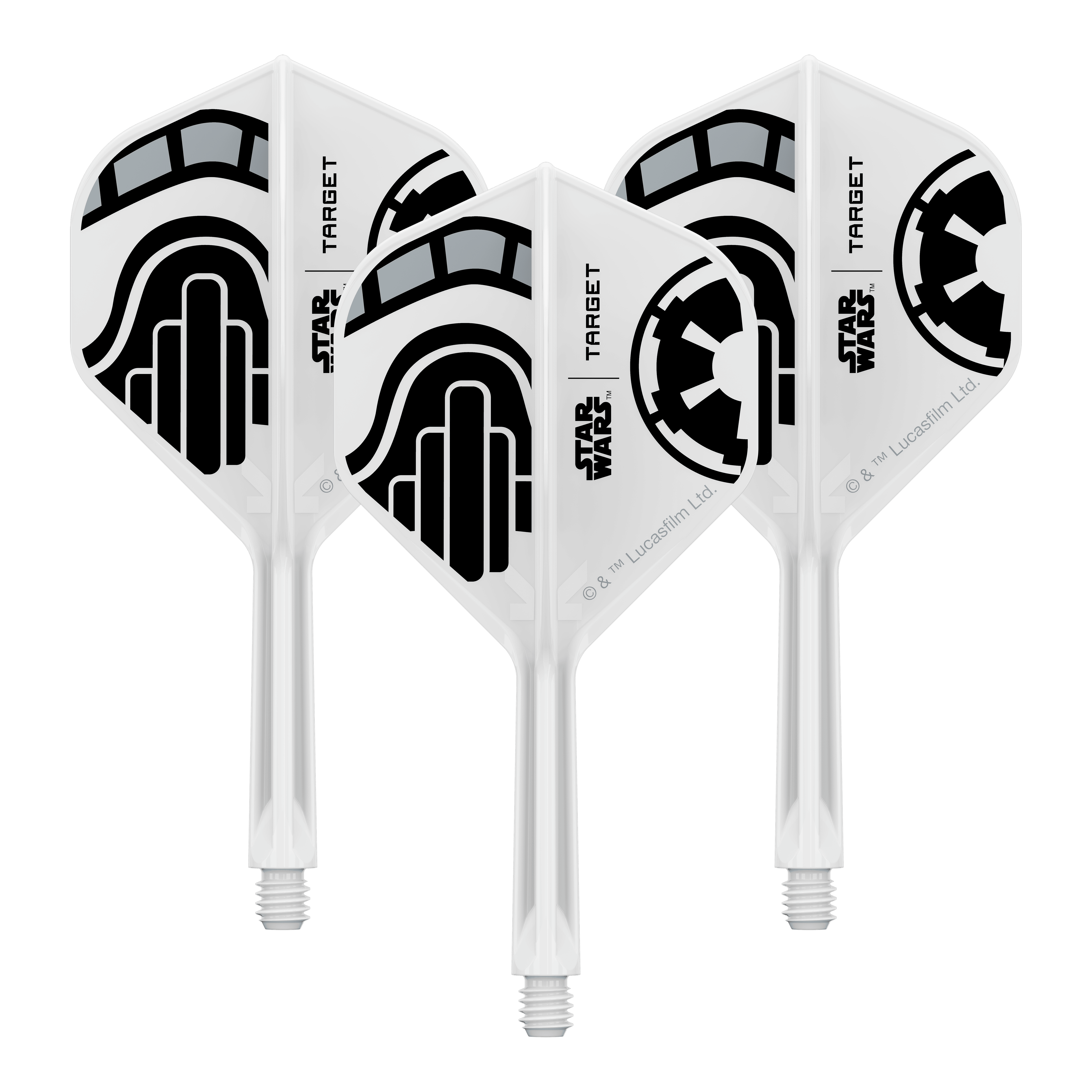 Cel Star Wars K-Flex Stormtrooper No2 Standard Flights Abgebildet ist ein Set von Dart-Flights der Star Wars KFlex Stormtrooper No2 Standard Serie. Die Flights sind für den Intermediate-Bereich und haben eine Länge von 26 mm.