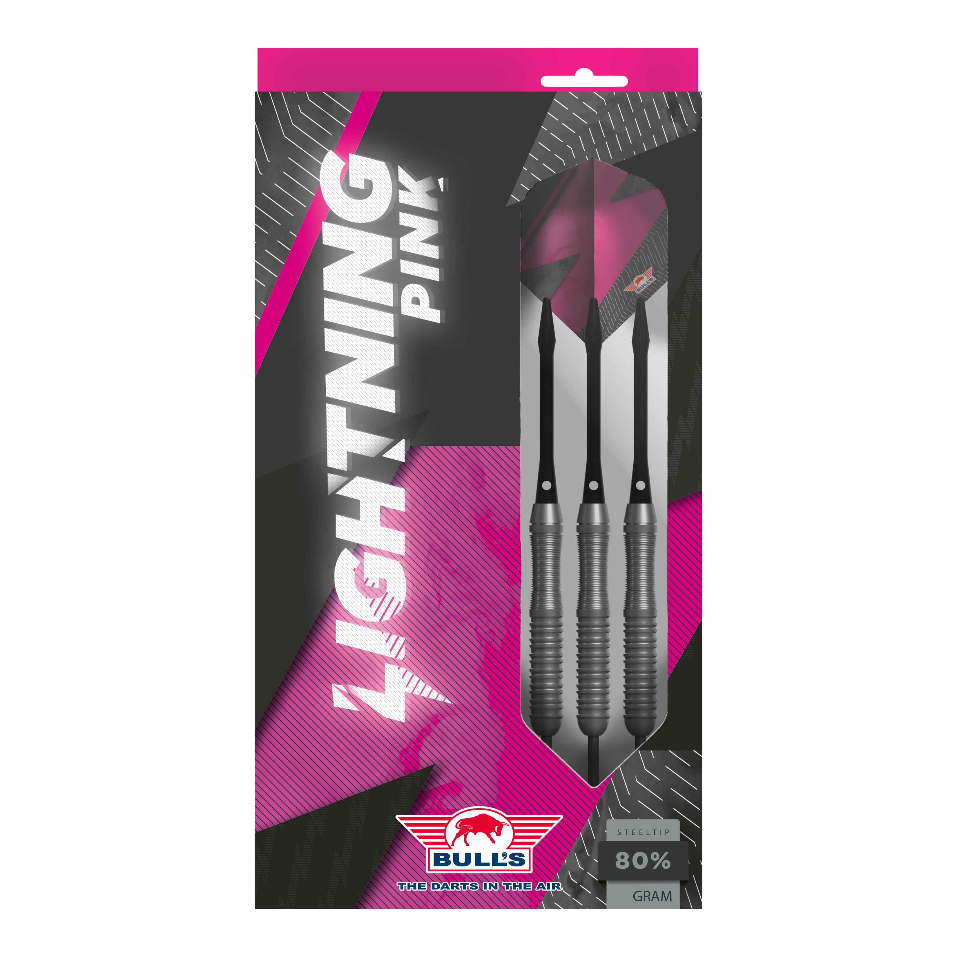 Dardos de acero Bulls NL Lightning Pink Das Bild zeigt eine Verpackung der "Bulls NL Lightning Pink Steeldarts". Die Darts sind in Schwarz und Pink gestaltet und haben einen Stahlspitze.