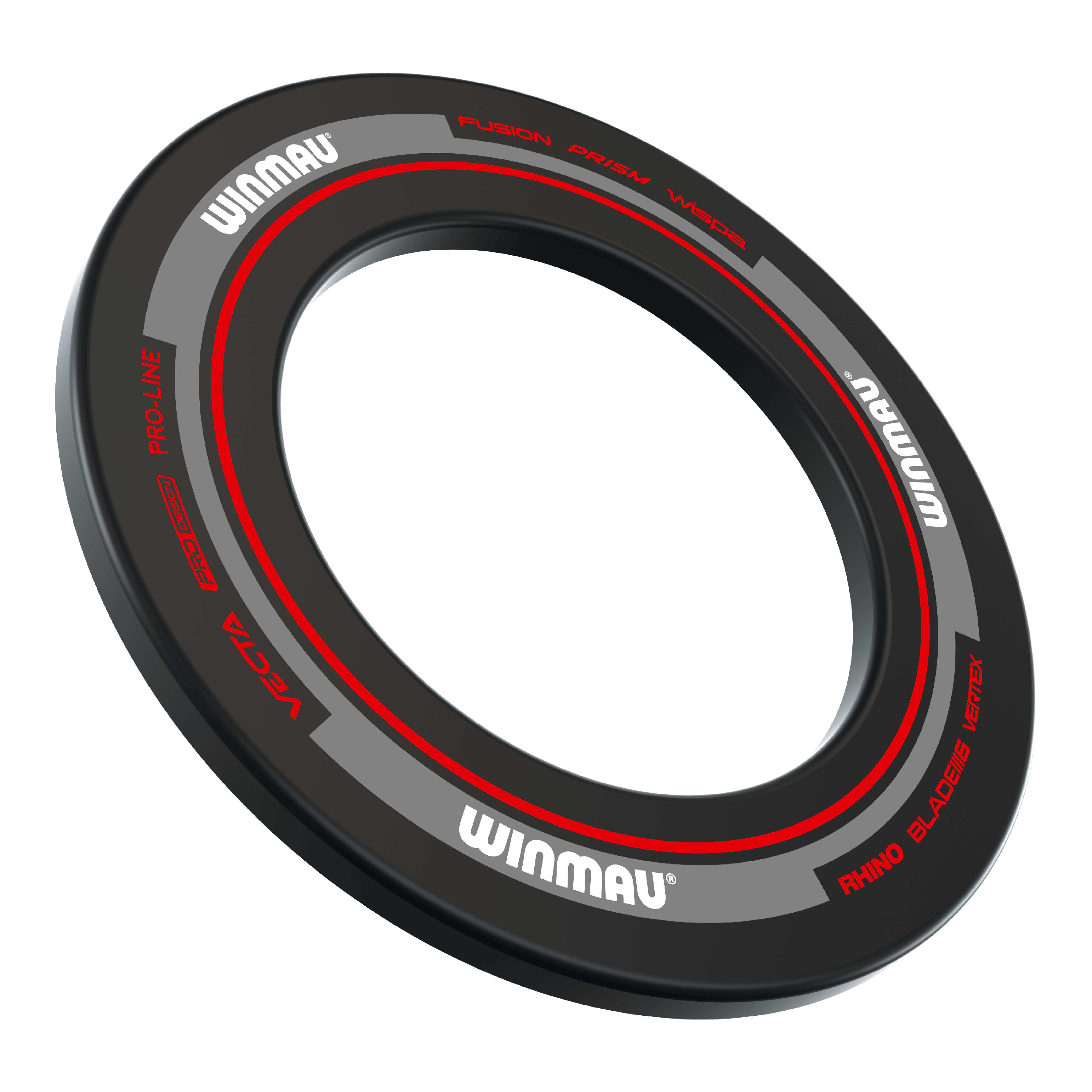 Marco para diana Winmau Advance - Negro Rojo Das Bild zeigt einen Winmau Advance Dartboard Surround in Schwarz und Rot. Der Surround ist rund und hat weiße und rote Schriftzüge.