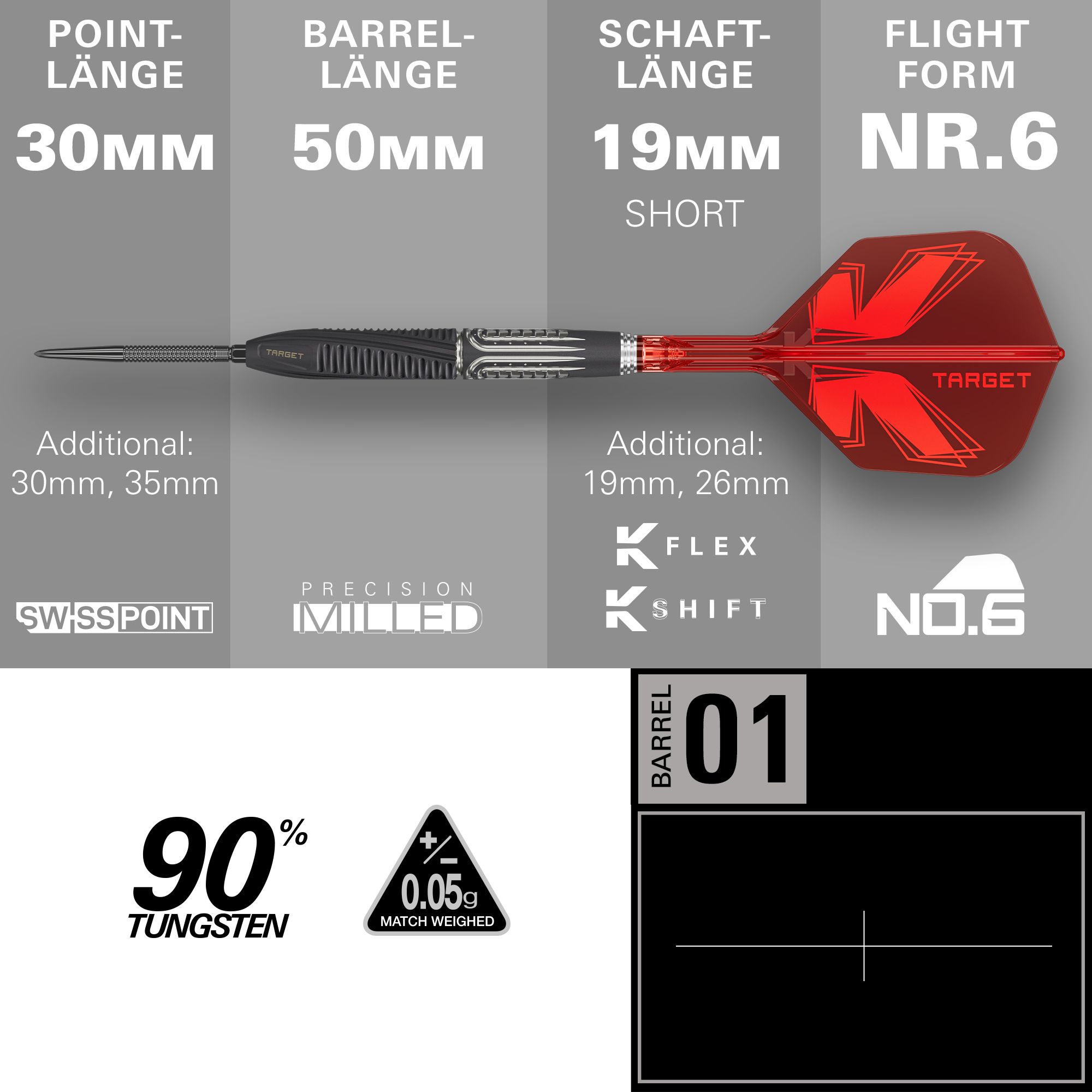 Šipky Target Shift Swiss Point ocelové Hier sind Target Shift Swiss Point Steeldarts zu sehen. Die Darts werden aus einer anderen Perspektive dargestellt.