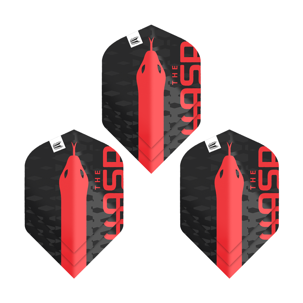 Target Pro Ultra Nathan Aspinall No2 Standard Flights - 3 sady Das Bild zeigt drei schwarze Dart-Flights mit einem roten Schlangenkopf und der Aufschrift "THE ASP". Es handelt sich um das Produkt "Target Pro Ultra Nathan Aspinall No2 Standard Flights - 3 Sets".