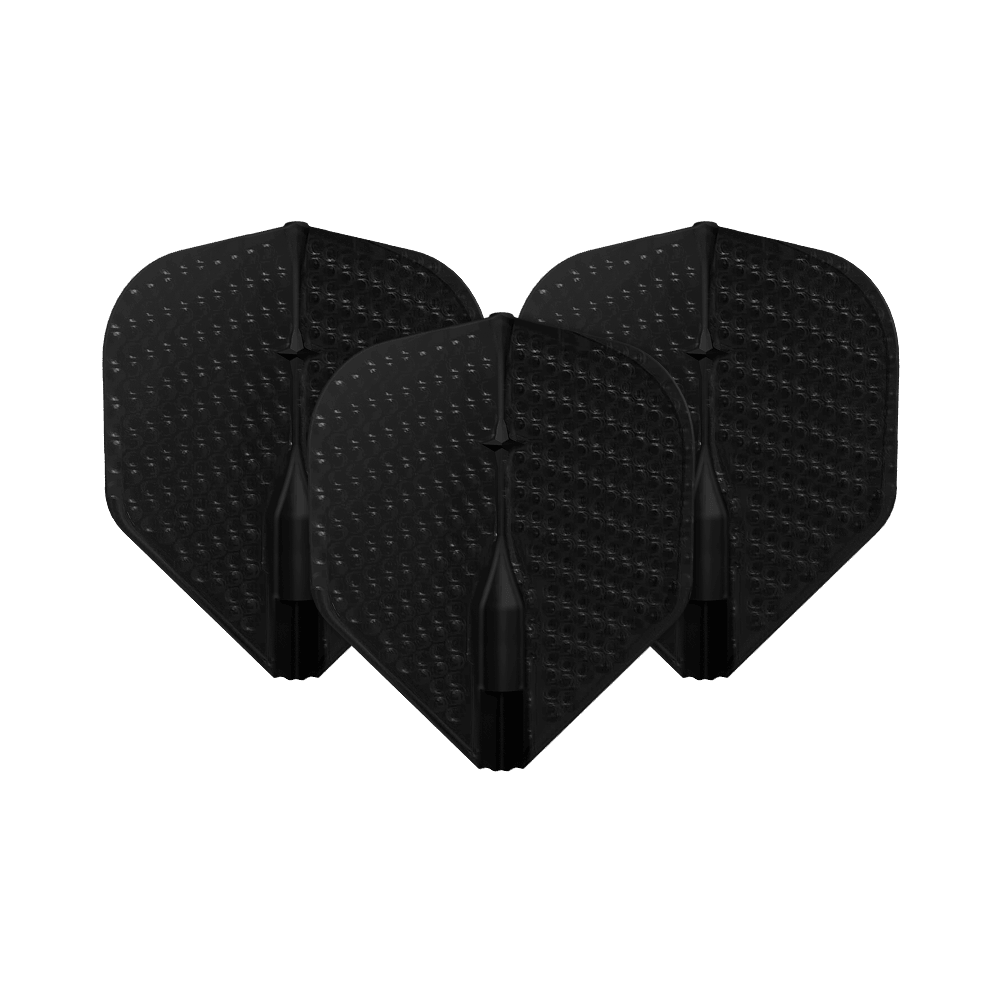 L-Style Flights Dimple Champagne L1EZ Standard Auf dem Bild sind drei schwarze Dart-Flights mit Dimple-Oberfläche zu sehen. Sie stehen nebeneinander und sind identisch geformt.