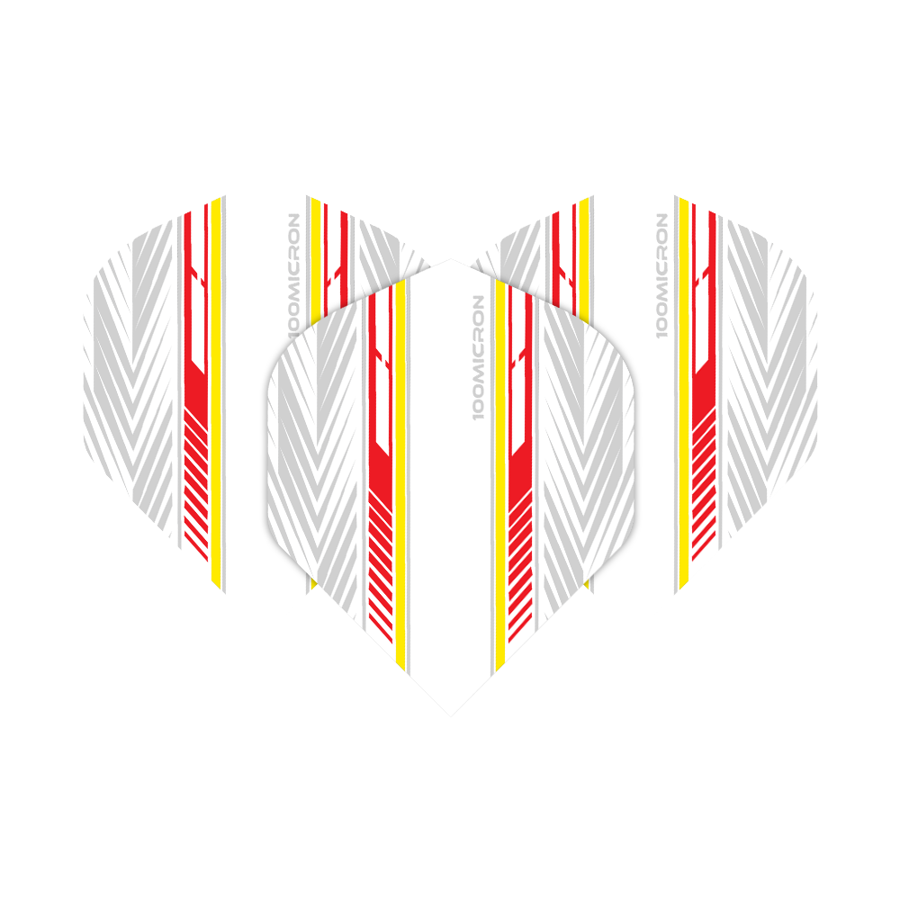 Voli Pentathlon bianchi/rossi/gialli Das Bild zeigt die Pentathlon White Red Yellow No2 Standard Flights in einem modernen Design. Die Flights sind weiß mit roten, gelben und grauen Streifen verziert.