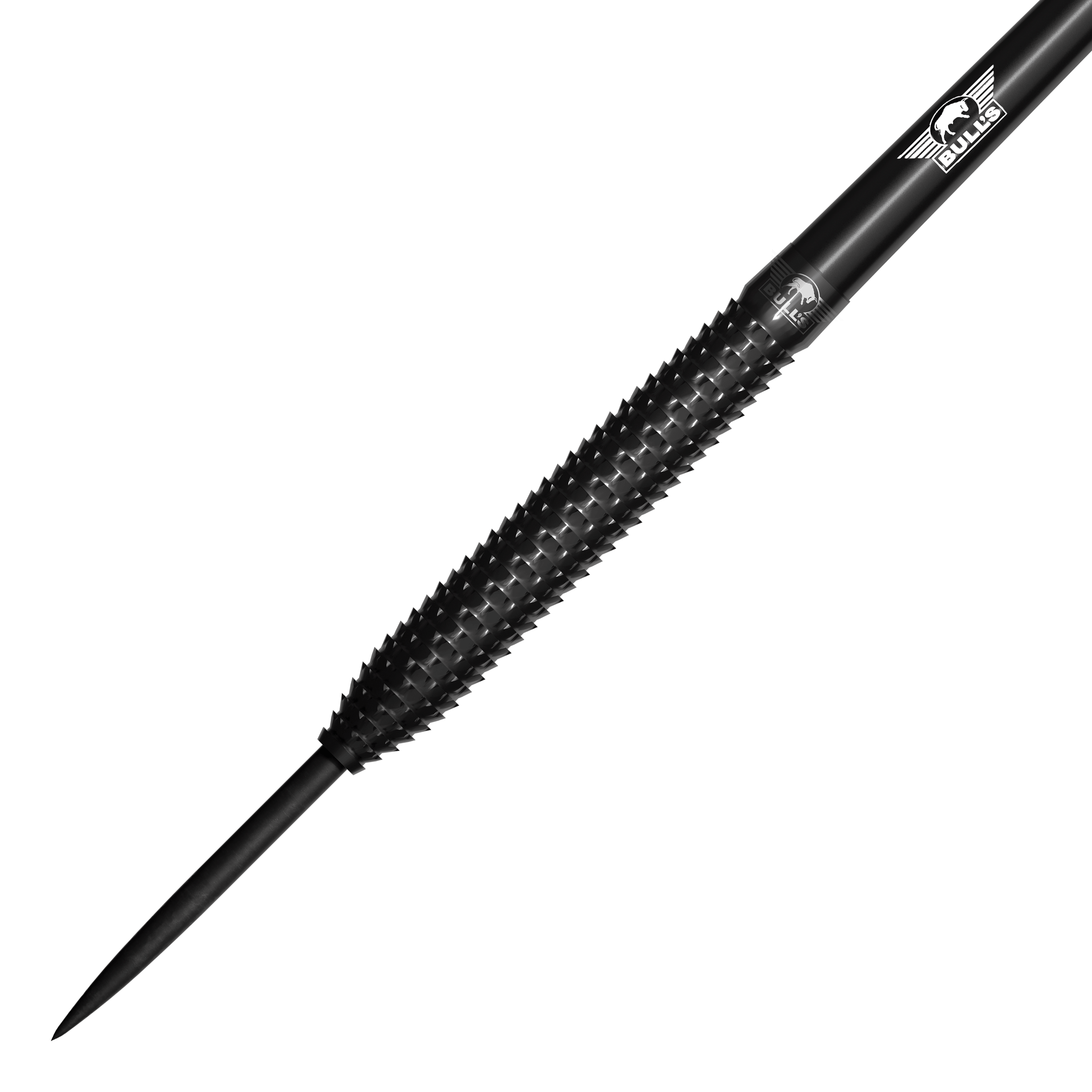 Bulls NL Shark Pro Black Steel Darts Das Bild zeigt einen schwarzen Steeldart mit einer strukturierten Griffzone. Auf dem Dart ist das Bulls NL Logo zu sehen.