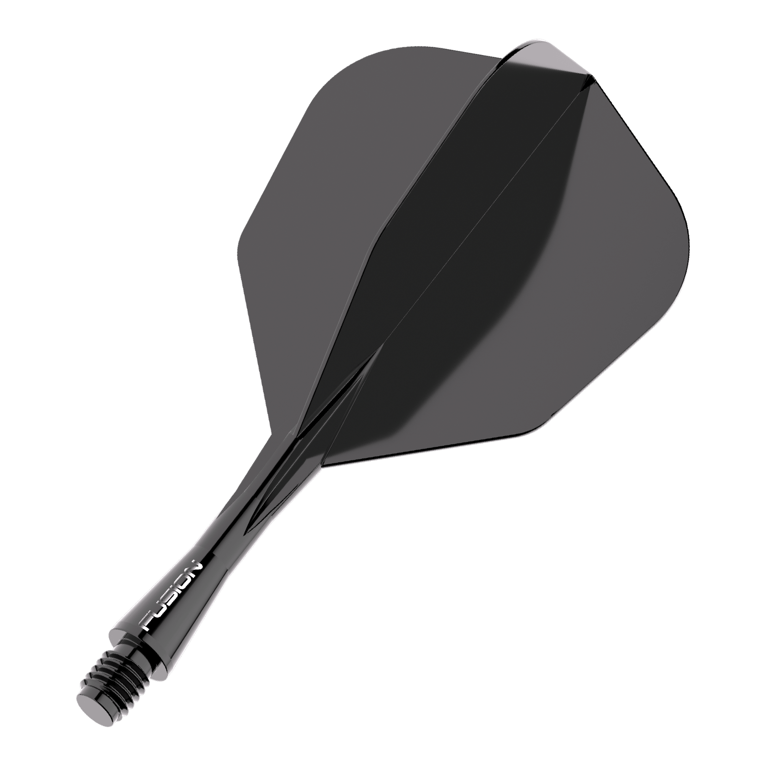 Systém letky Winmau Fusion č. 6, černá Das Bild zeigt ein schwarzes Dart Flight-Schaft-System. Es trägt den Schriftzug "FUSION" auf dem Schaft und hat eine glänzende Oberfläche.