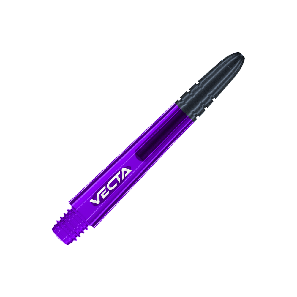 Winmau Vecta Shafts - Lila Schwarz Das Bild zeigt einen lila und schwarzen Dart-Schaft mit der Aufschrift "VECTA". Der Schaft hat ein glattes, modernes Design und misst 37 mm.