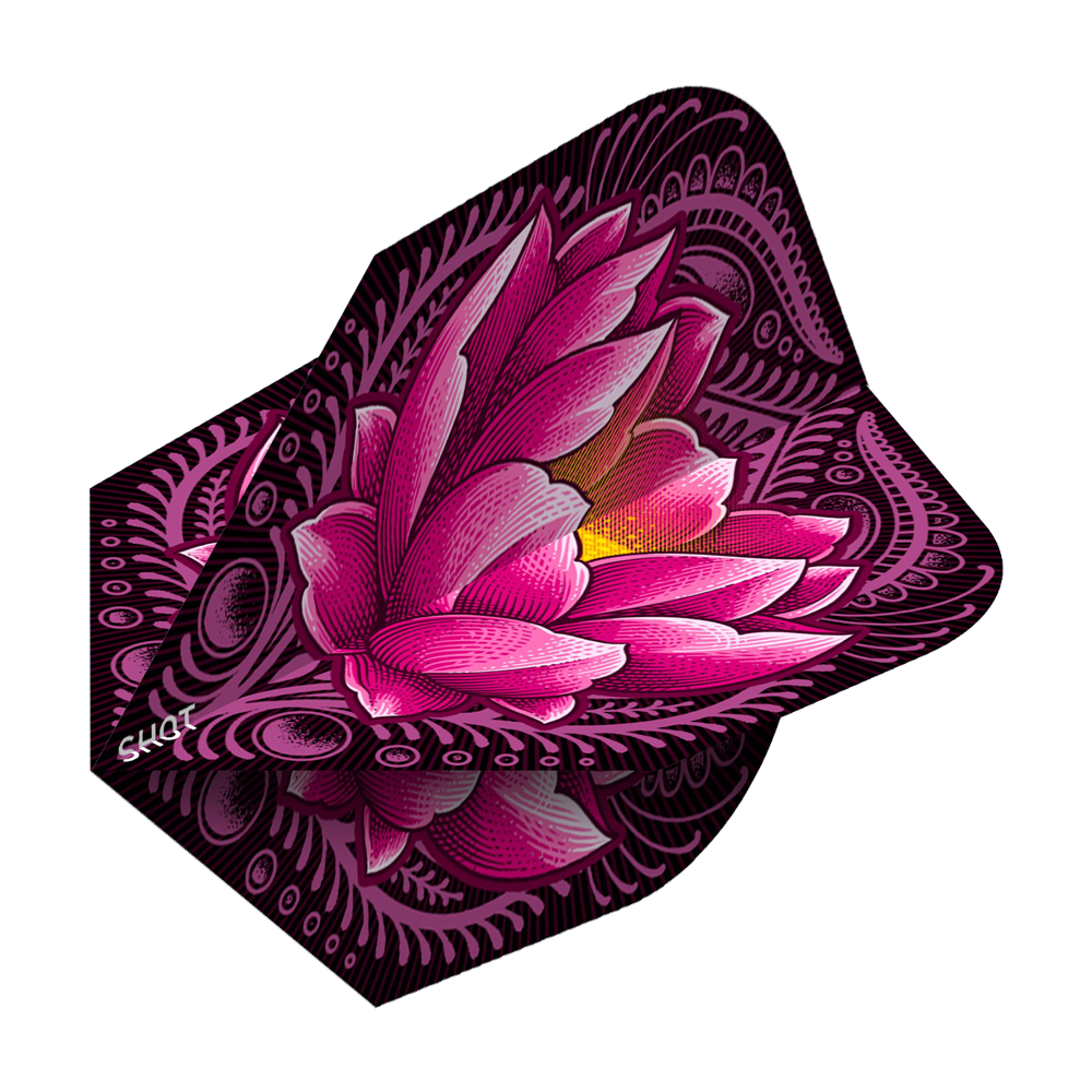 SF5432_Shot_ZEN_Juji_No6_Flights_2 Das Bild zeigt das Produkt "Shot ZEN Juji No6 Flights" mit einem auffälligen Design. In der Mitte befindet sich eine große, pinke Blume auf einem dekorativen, dunklen Hintergrund.