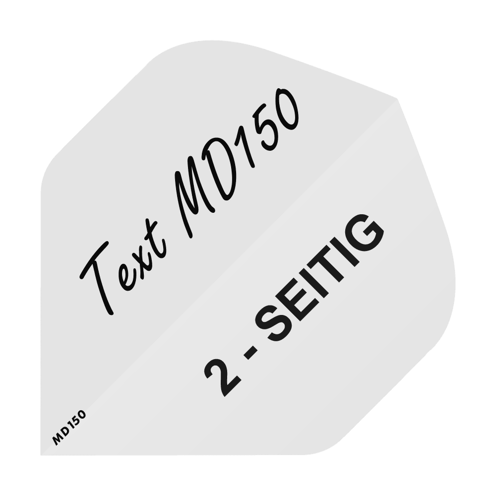 MD-201_2-Seitig_Bedruckte_Flights_Wunschtext_MD150_Weiss_Standard_1 Das Bild zeigt ein weißes Dartflight mit der Aufschrift "Text MD150" und "2-SEITIG". In der unteren Ecke steht zusätzlich "MD150".