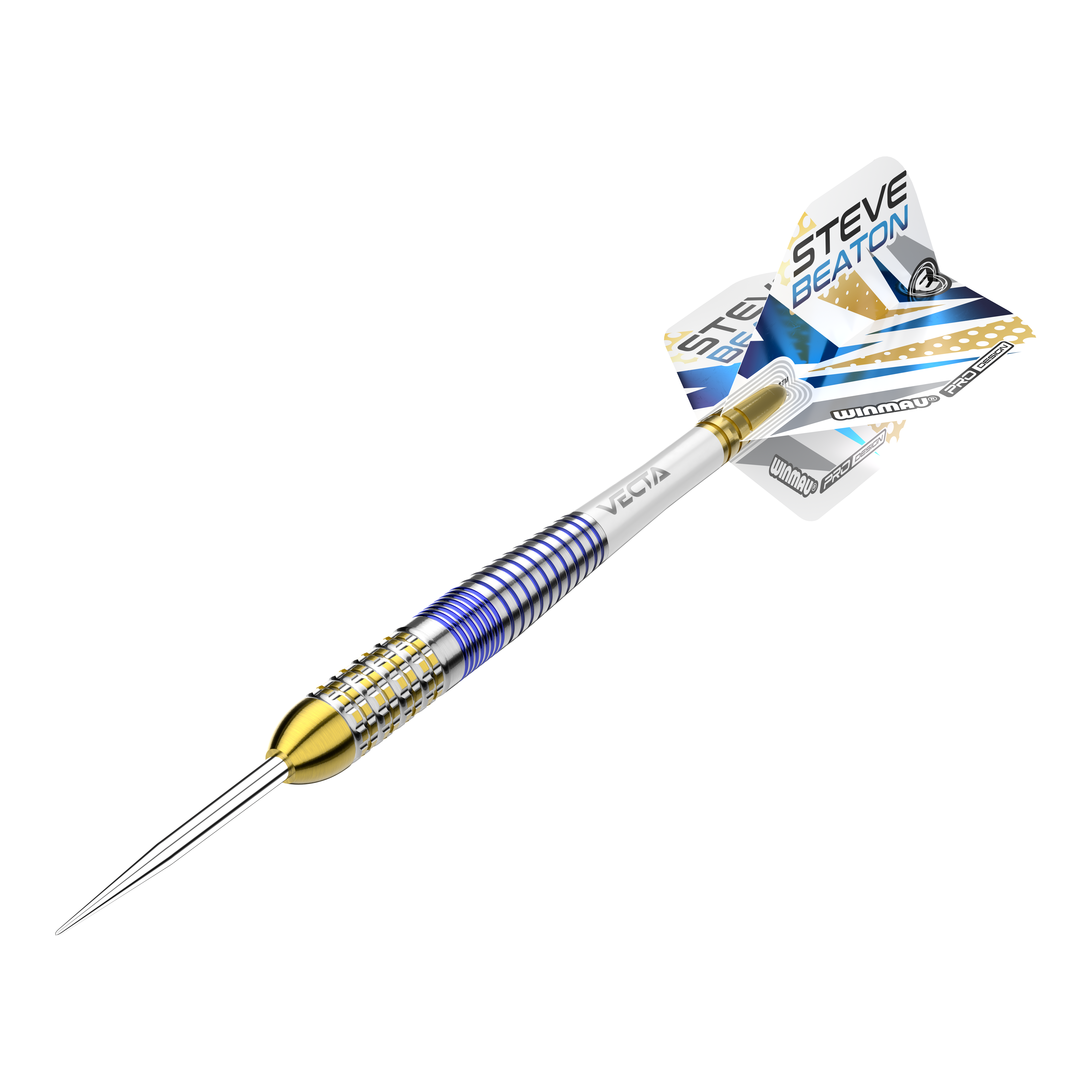 Dardos de acero Winmau Steve Beaton Legend Series Das Bild zeigt einen Steeldart aus der Winmau Steve Beaton Legend Series. Der Dart hat ein farbenfrohes Design mit blauen, goldenen und silbernen Akzenten.