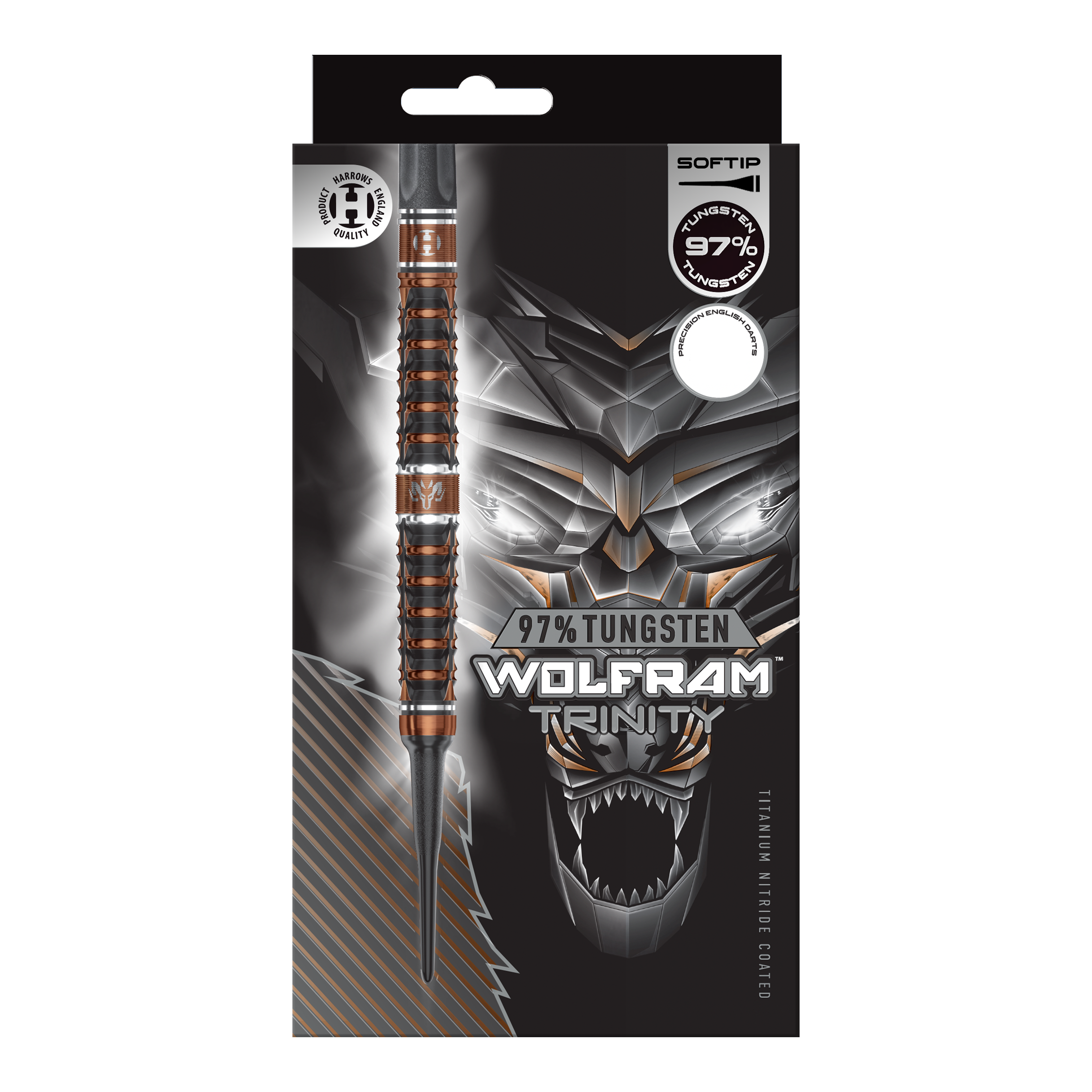 Harrows Wolfram Trinity Softdarts werden auf dem Bild gezeigt. Es handelt sich um spezielle Softdarts für Dartspieler.