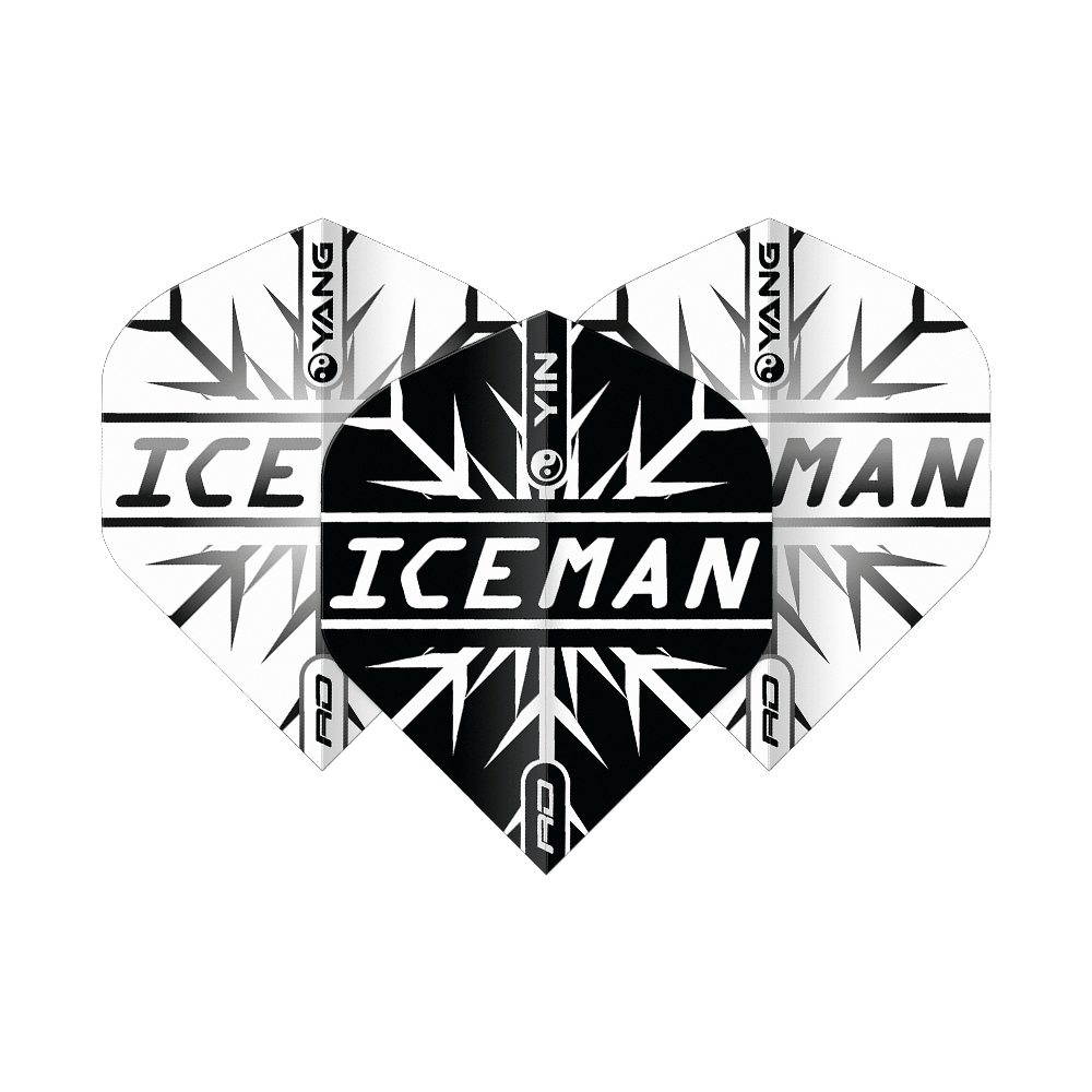 Red Dragon Gerwyn Price Iceman Nero Bianco Yin Yang Voli Standard Das Bild zeigt Dart-Flights in einem Yin-Yang-Design in Schwarz und Weiß mit dem Schriftzug "ICEMAN" in der Mitte. Das Muster erinnert an Eiskristalle und trägt das Markenlogo "Red Dragon".