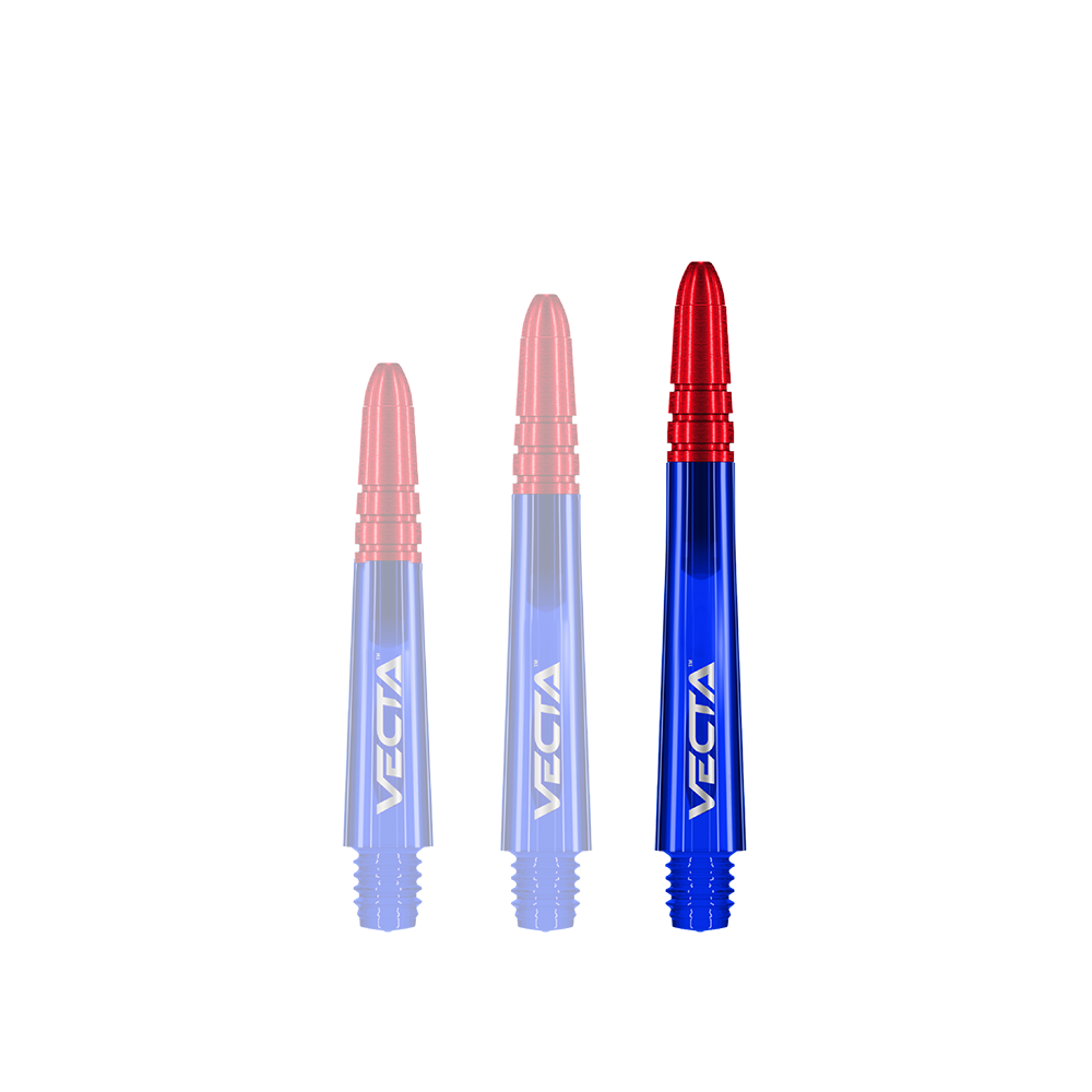 Alberi Winmau Vecta - Blu Rosso Das Bild zeigt drei Dartschäfte in den Farben Blau und Rot. Auf jedem Schaft steht der Schriftzug „VECTA“.