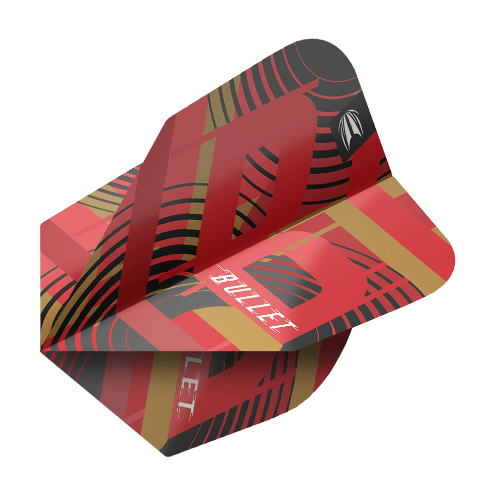 Letenky Target Pro Ultra Stephen Bunting GEN5 No6 – 3 sady Das Bild zeigt ein Dartflight aus der Serie "Target Pro Ultra Stephen Bunting GEN5 No6". Das Flight ist rot mit schwarzen und goldenen Akzenten und trägt die Aufschrift "BULLET".