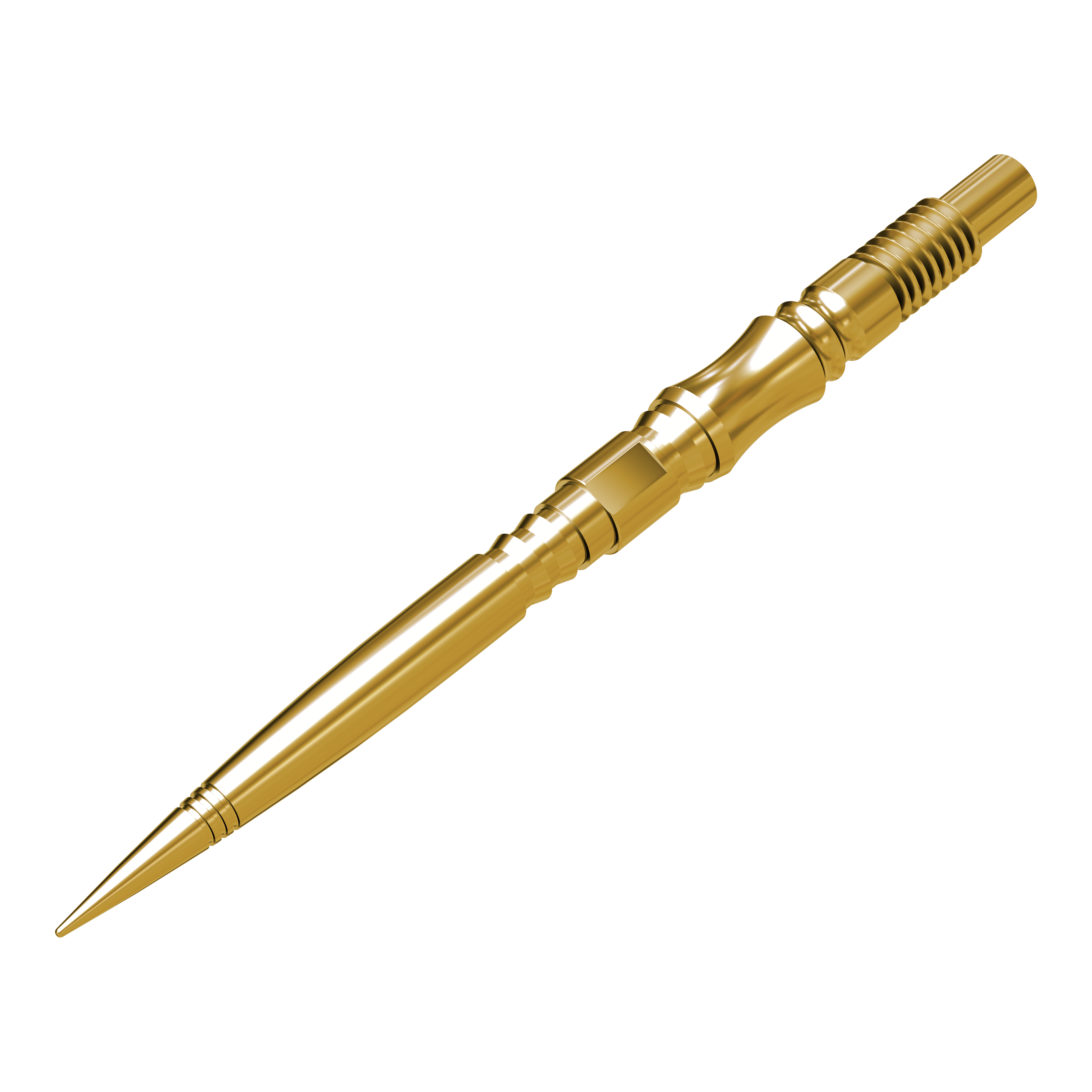 Die Harrows Quick Point Axis Elite Series Dartspitzen in Gold werden hier präsentiert. Die Dartspitzen liegen in einer Reihe und zeigen ihre metallische Farbe.