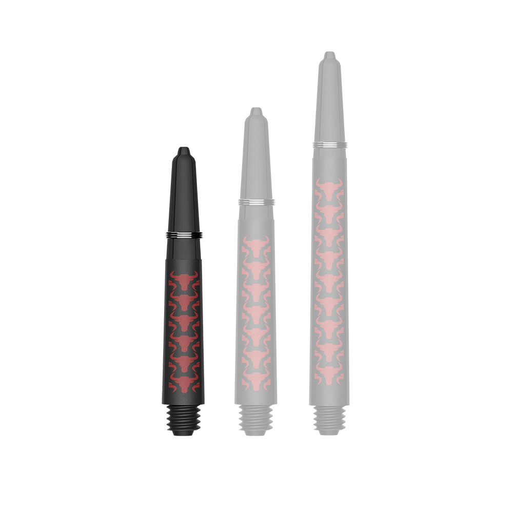 Bulls NL Capo Carbon Shafts - Red Zu sehen ist ein Dartzubehör, speziell eine Capo Carbon Shaft in Rot und kurzer Ausführung mit 34mm Länge. Das Produkt dient vermutlich als Teil eines Dartpfeils.