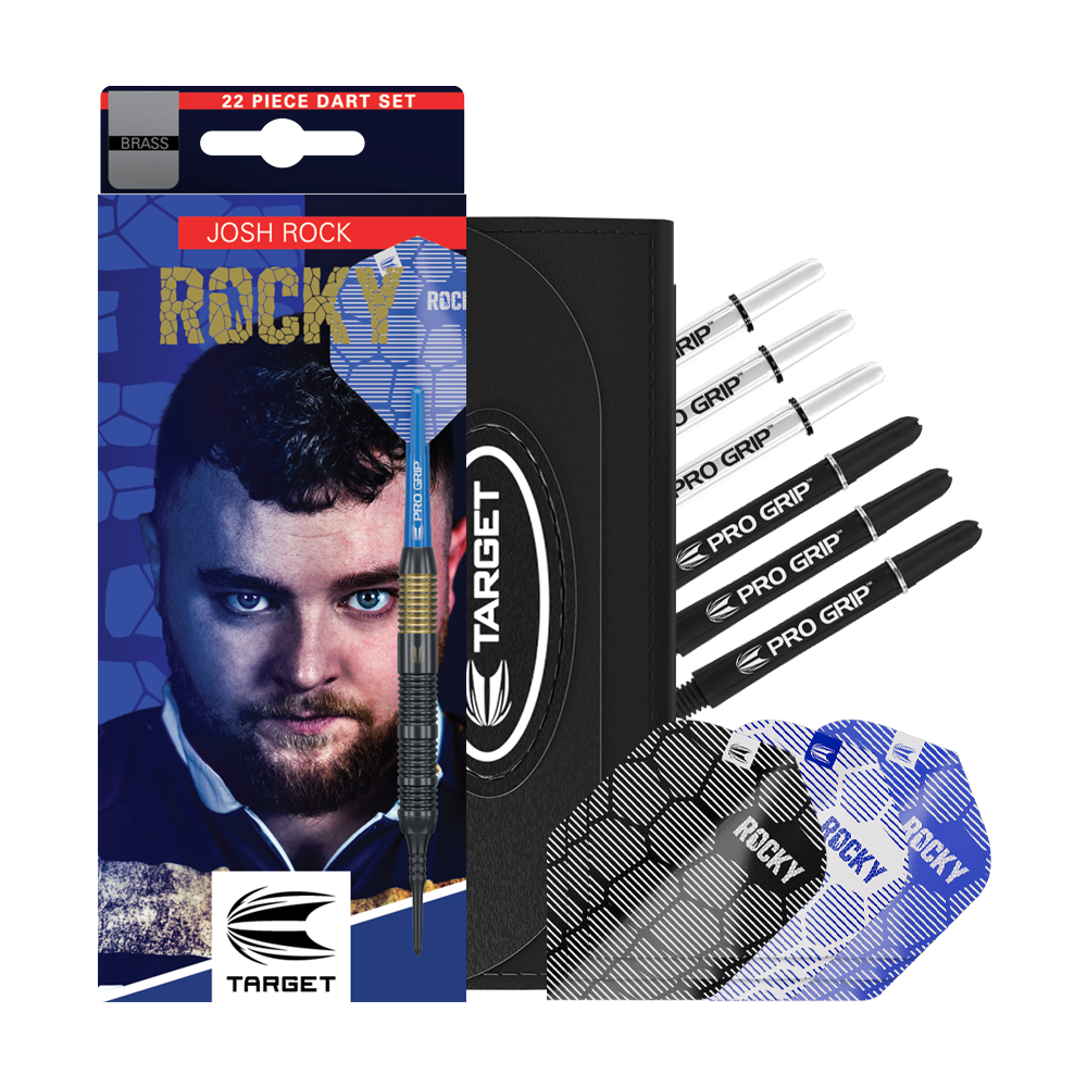 Šipky Target Josh Rock Brass měkké - 18g Das Bild zeigt das Produkt "Target Josh Rock Brass Softdarts - 18g" mit Zubehör wie Flights und Shafts. Auf der Verpackung ist ein Porträt sowie der Name des Spielers Josh Rock zu sehen.